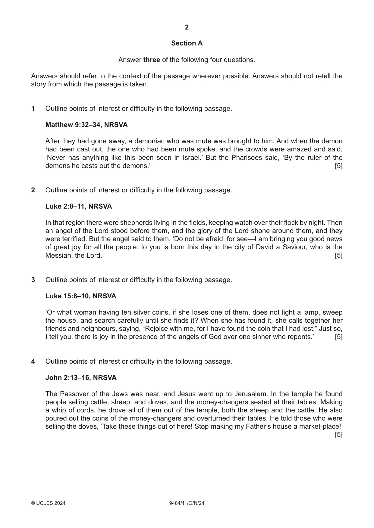 Cambridge A Level Biblical Studies 9484 2024 Oct/Nov Paper 1 · Variant 1 question paper, page 2 of 4