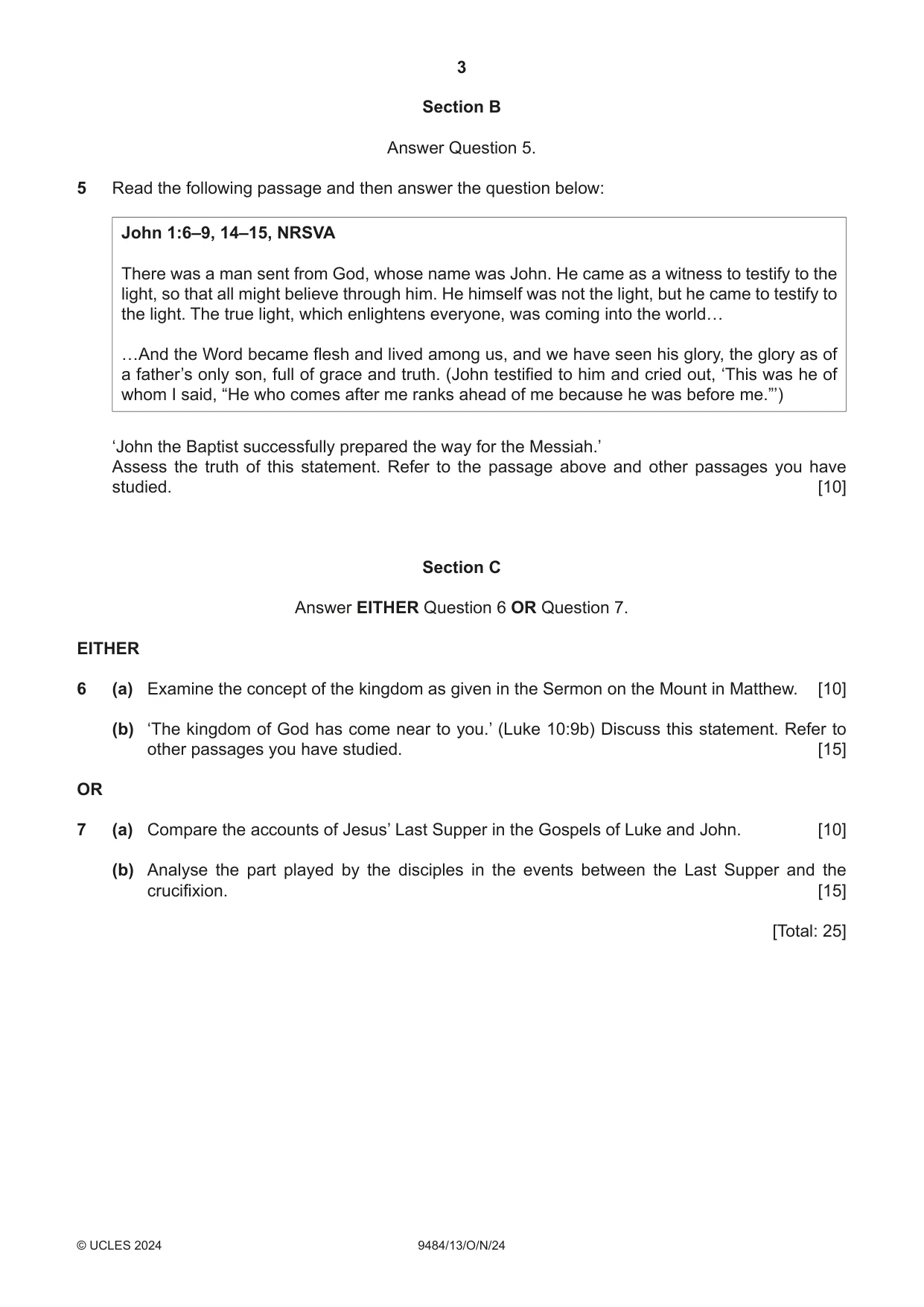Cambridge A Level Biblical Studies 9484 2024 Oct/Nov Paper 1 · Variant 3 question paper, page 3 of 4