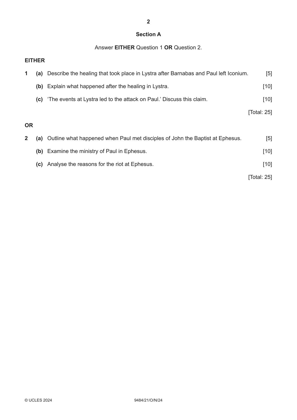 Cambridge A Level Biblical Studies 9484 2024 Oct/Nov Paper 2 · Variant 1 question paper, page 2 of 4