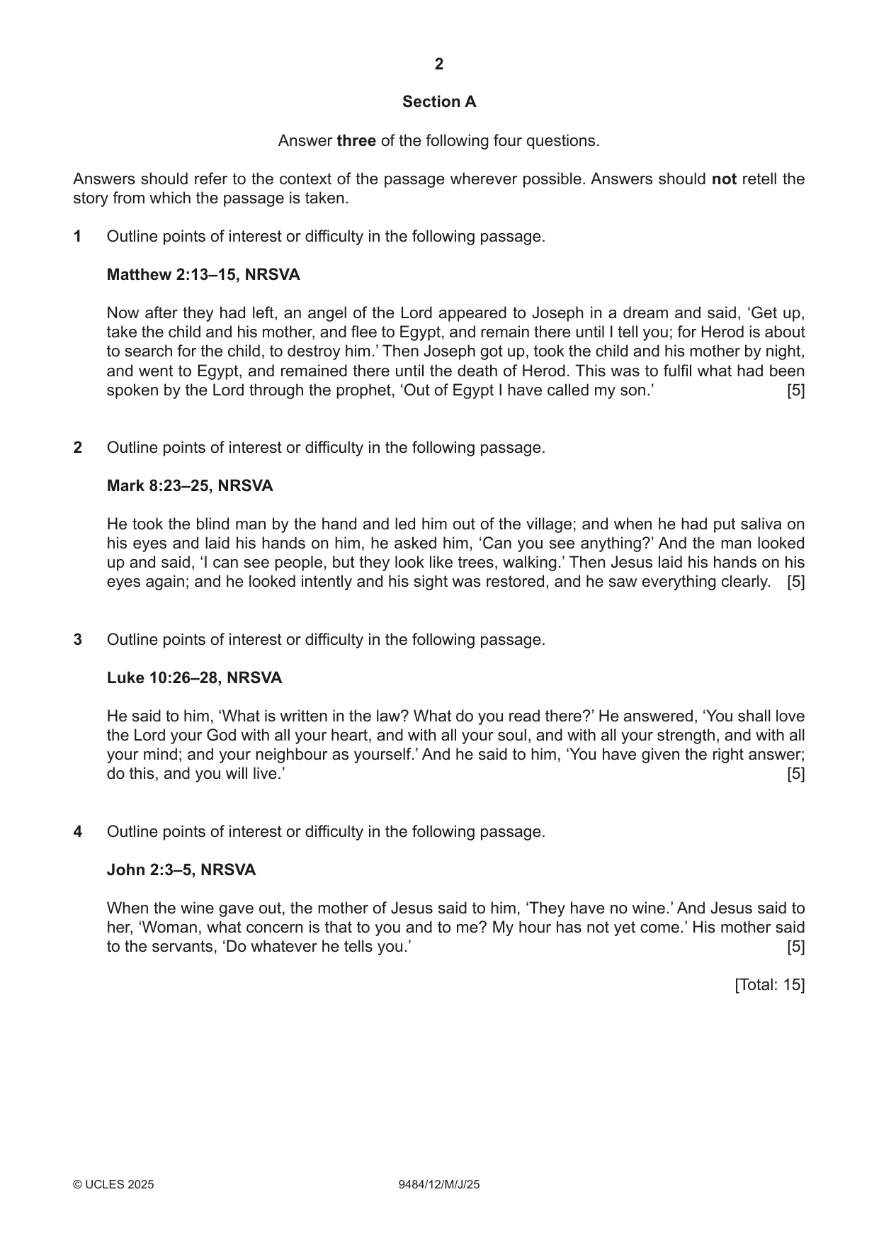 Cambridge A Level Biblical Studies 9484 2025 May/June Paper 1 · Variant 2 question paper, page 2 of 4