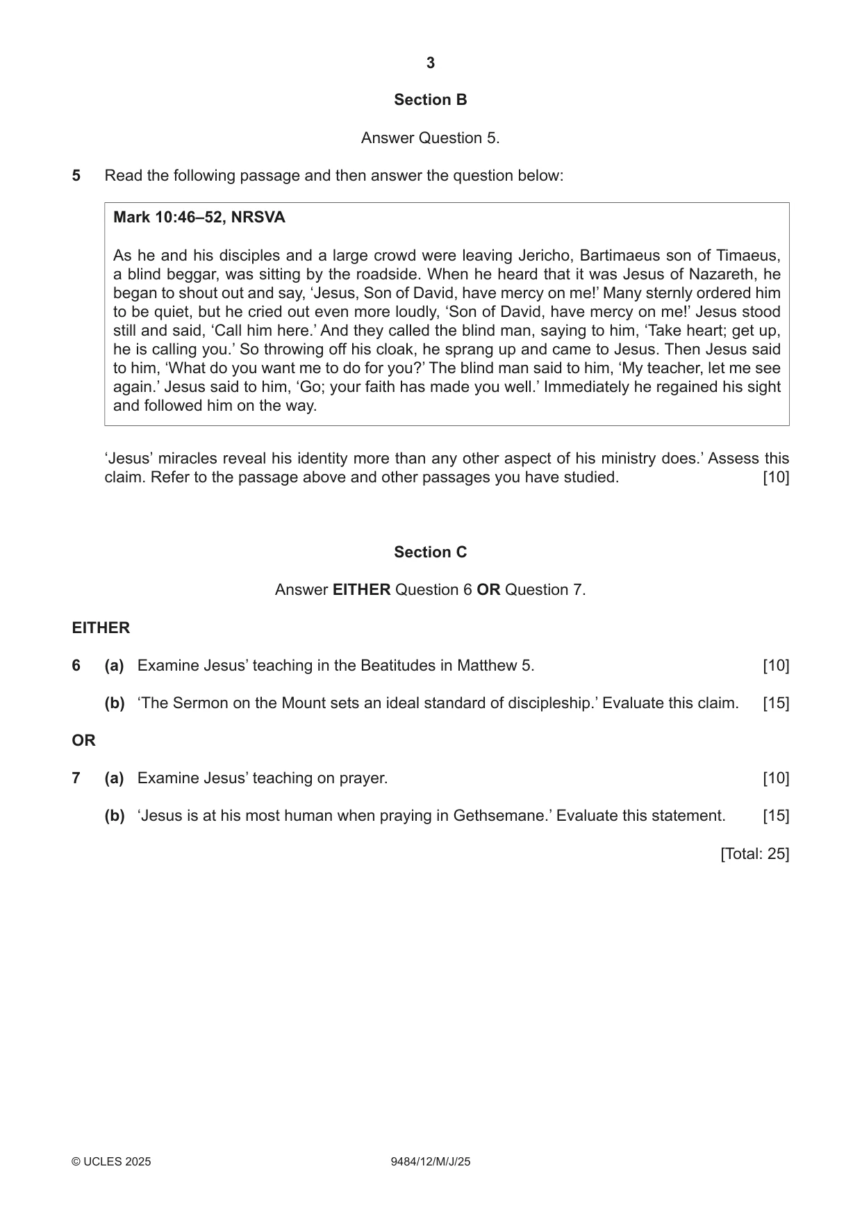 Cambridge A Level Biblical Studies 9484 2025 May/June Paper 1 · Variant 2 question paper, page 3 of 4
