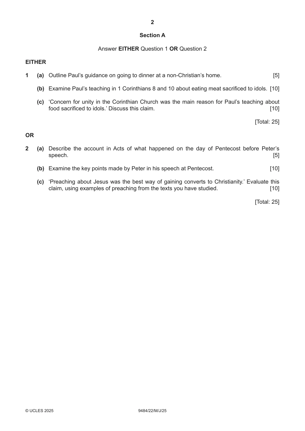 Cambridge A Level Biblical Studies 9484 2025 May/June Paper 2 · Variant 2 question paper, page 2 of 4