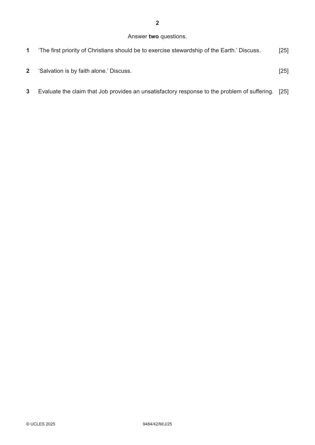 Cambridge A Level Biblical Studies 9484 2025 May/June Paper 4 · Variant 2 question paper, page 2 of 4