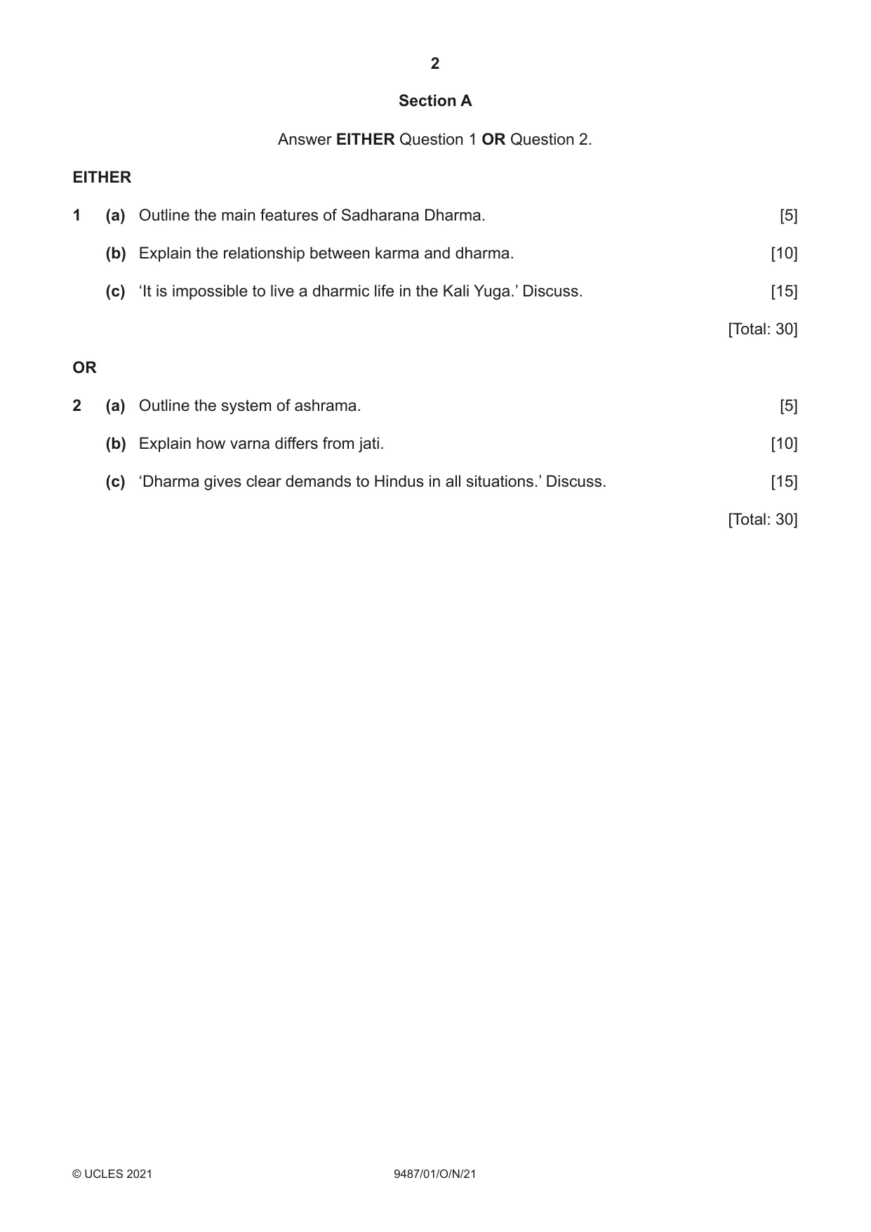 Cambridge A Level Hinduism 9487 2021 Oct/Nov Paper 1 · Variant 0 question paper, page 2 of 4