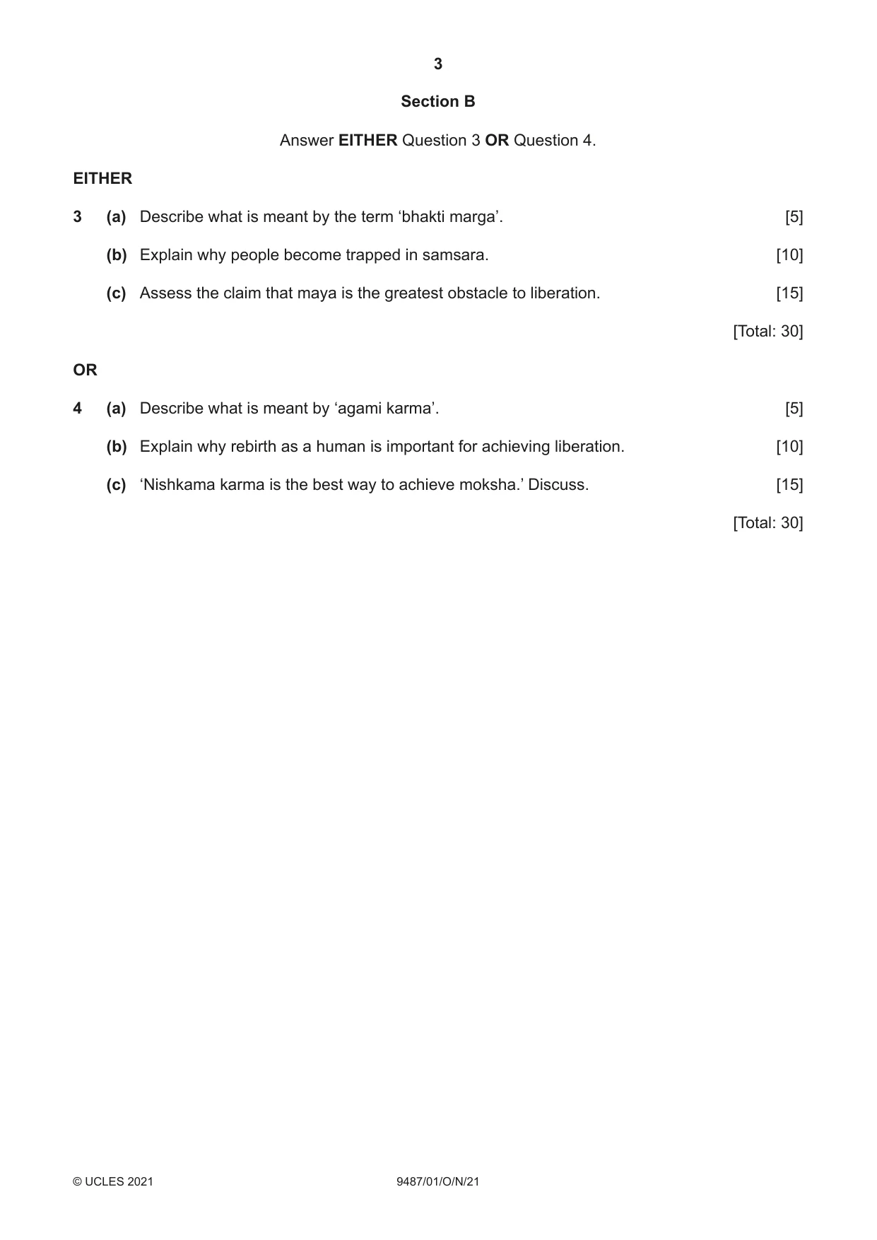 Cambridge A Level Hinduism 9487 2021 Oct/Nov Paper 1 · Variant 0 question paper, page 3 of 4