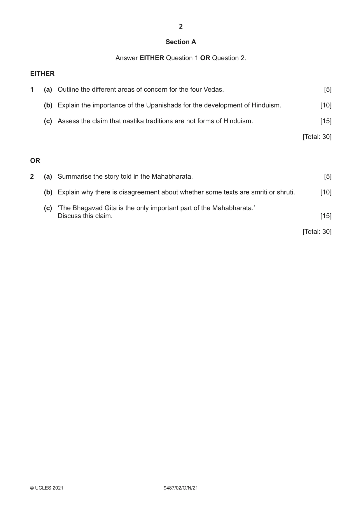 Cambridge A Level Hinduism 9487 2021 Oct/Nov Paper 2 · Variant 0 question paper, page 2 of 4