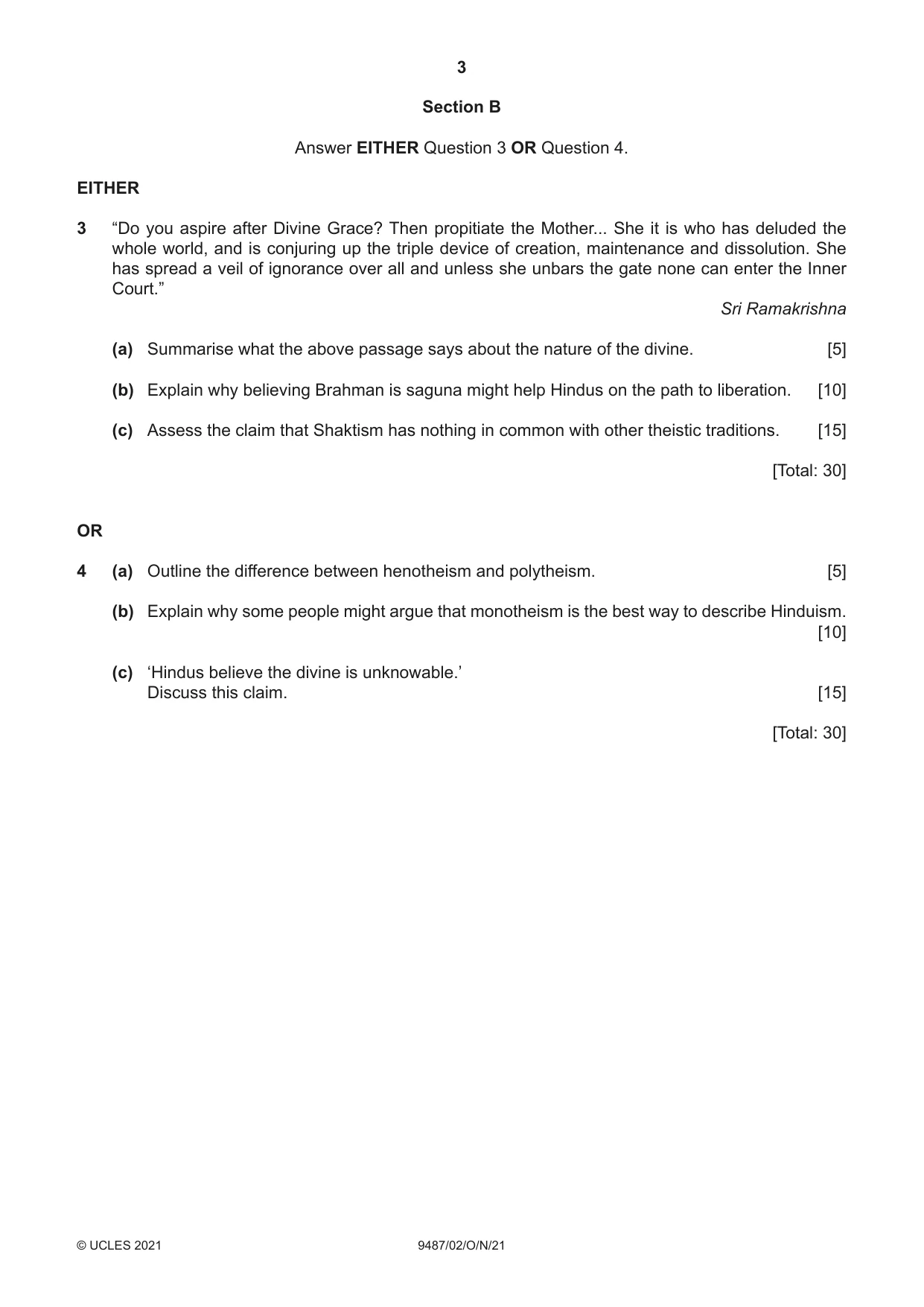Cambridge A Level Hinduism 9487 2021 Oct/Nov Paper 2 · Variant 0 question paper, page 3 of 4