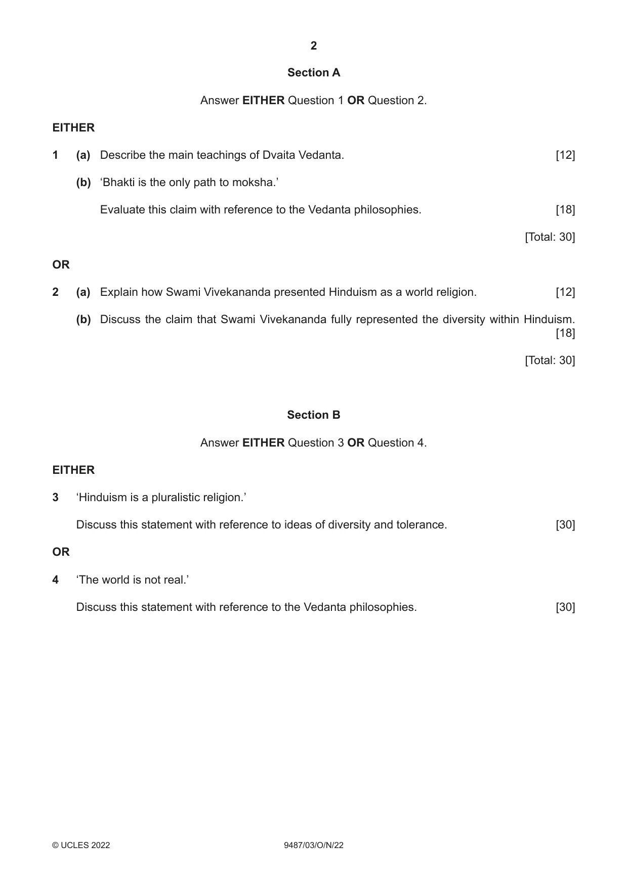 Cambridge A Level Hinduism 9487 2022 Oct/Nov Paper 3 · Variant 0 question paper, page 2 of 4