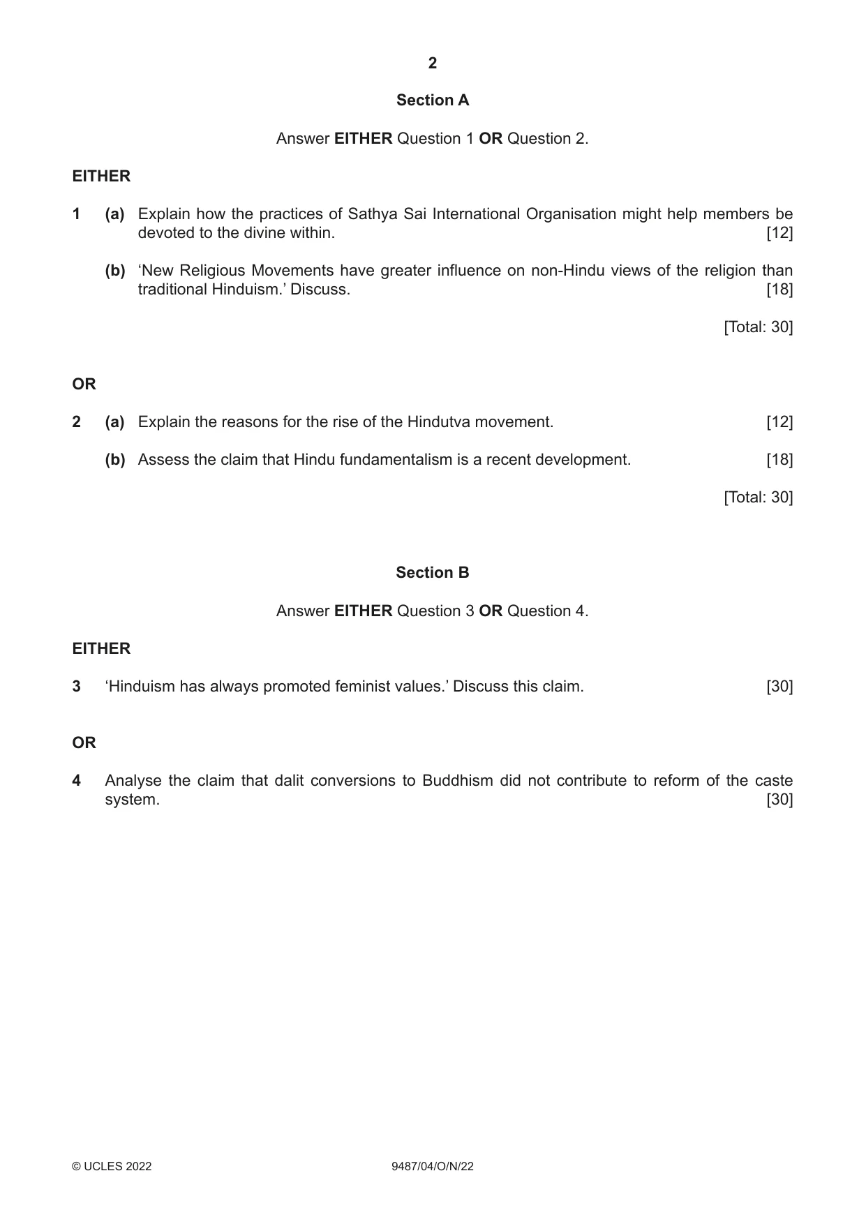 Cambridge A Level Hinduism 9487 2022 Oct/Nov Paper 4 · Variant 0 question paper, page 2 of 4
