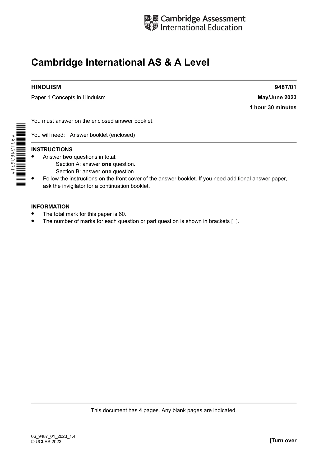 Cambridge A Level Hinduism 9487 2023 May/June Paper 1 · Variant 0 question paper, page 1 of 4