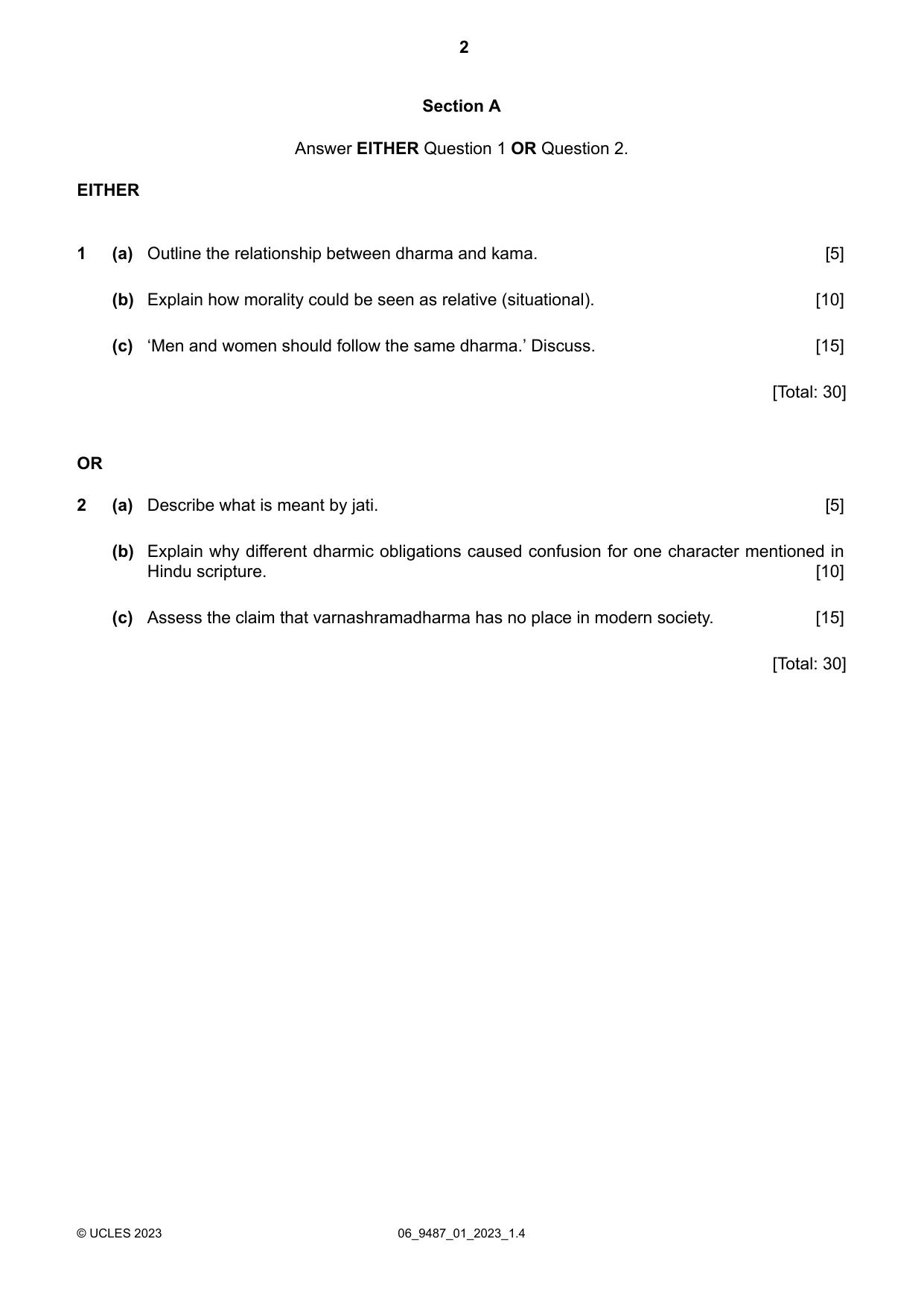 Cambridge A Level Hinduism 9487 2023 May/June Paper 1 · Variant 0 question paper, page 2 of 4