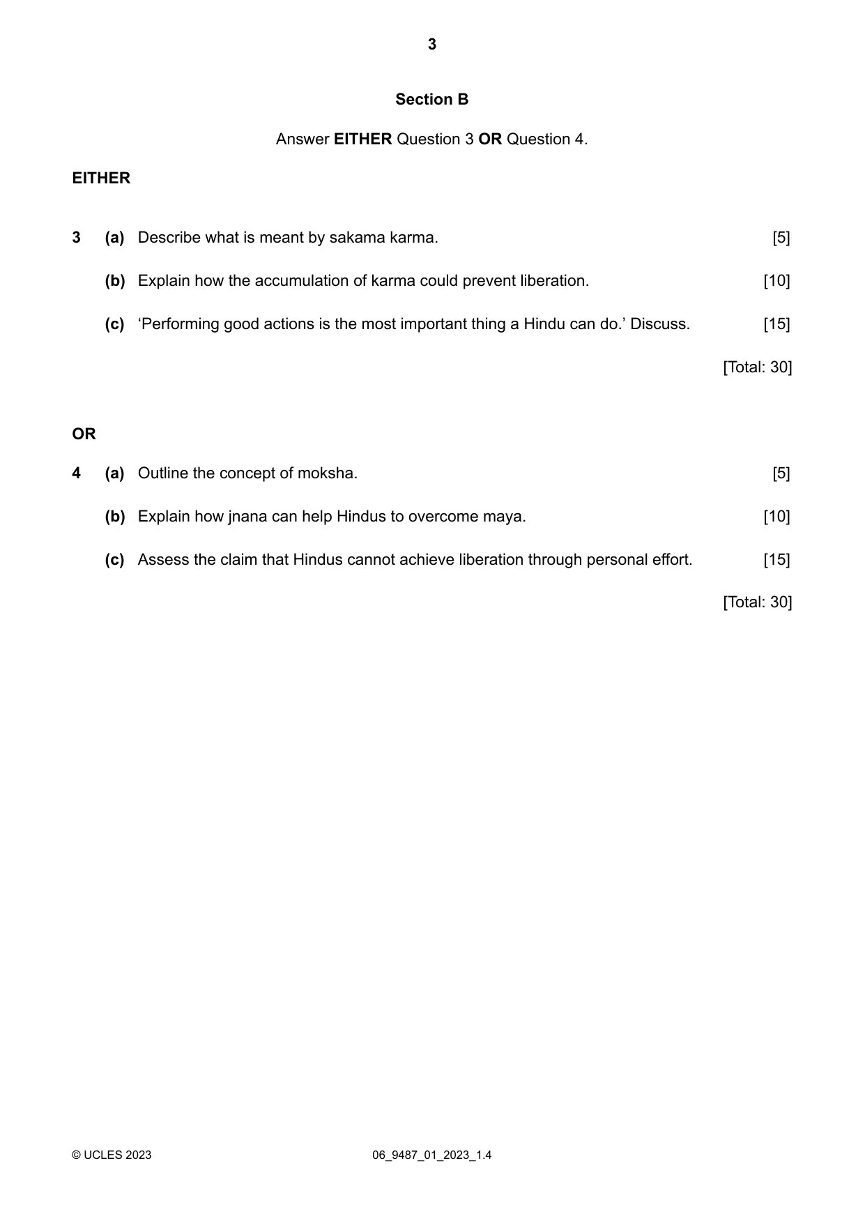 Cambridge A Level Hinduism 9487 2023 May/June Paper 1 · Variant 0 question paper, page 3 of 4
