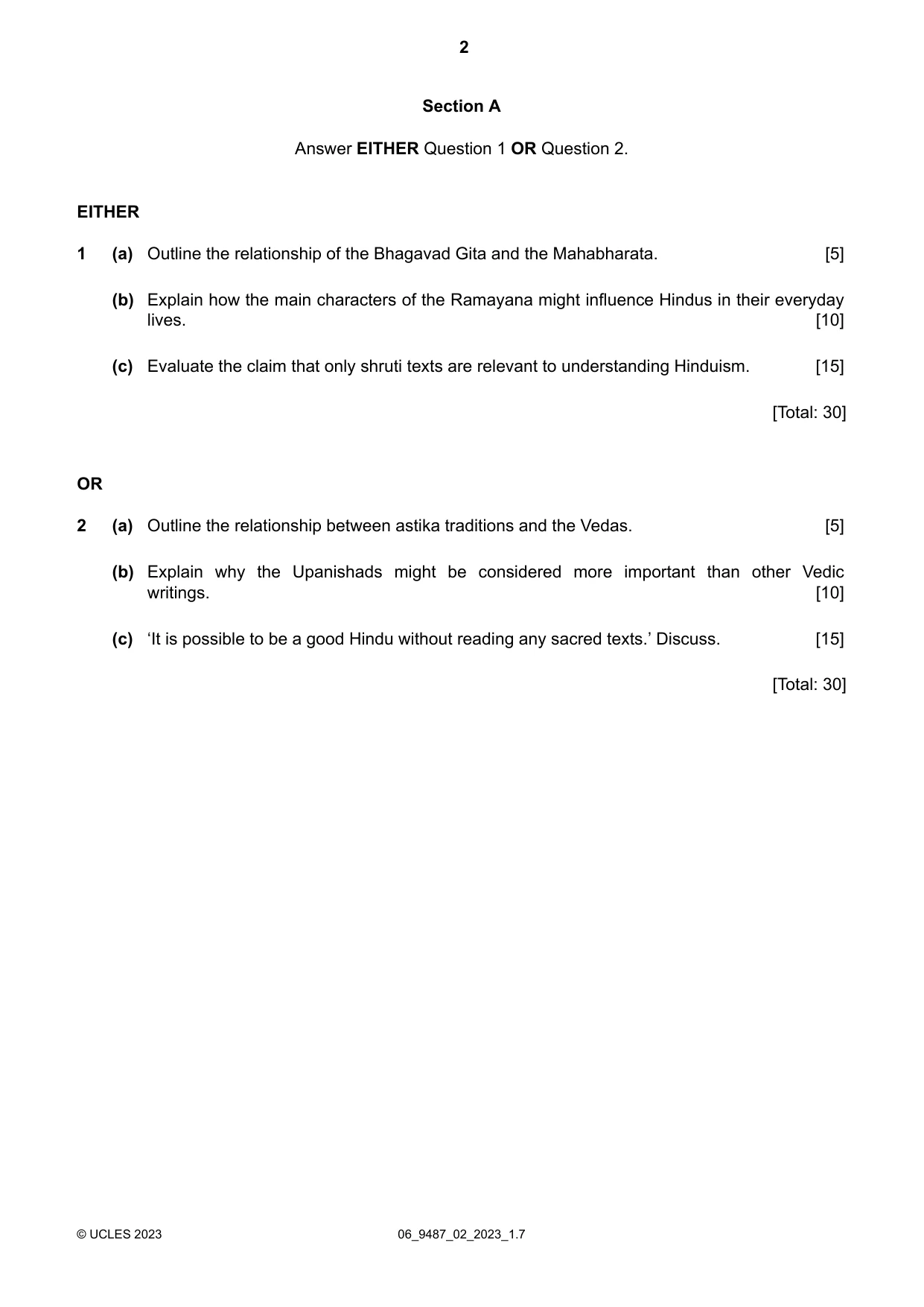Cambridge A Level Hinduism 9487 2023 May/June Paper 2 · Variant 0 question paper, page 2 of 4