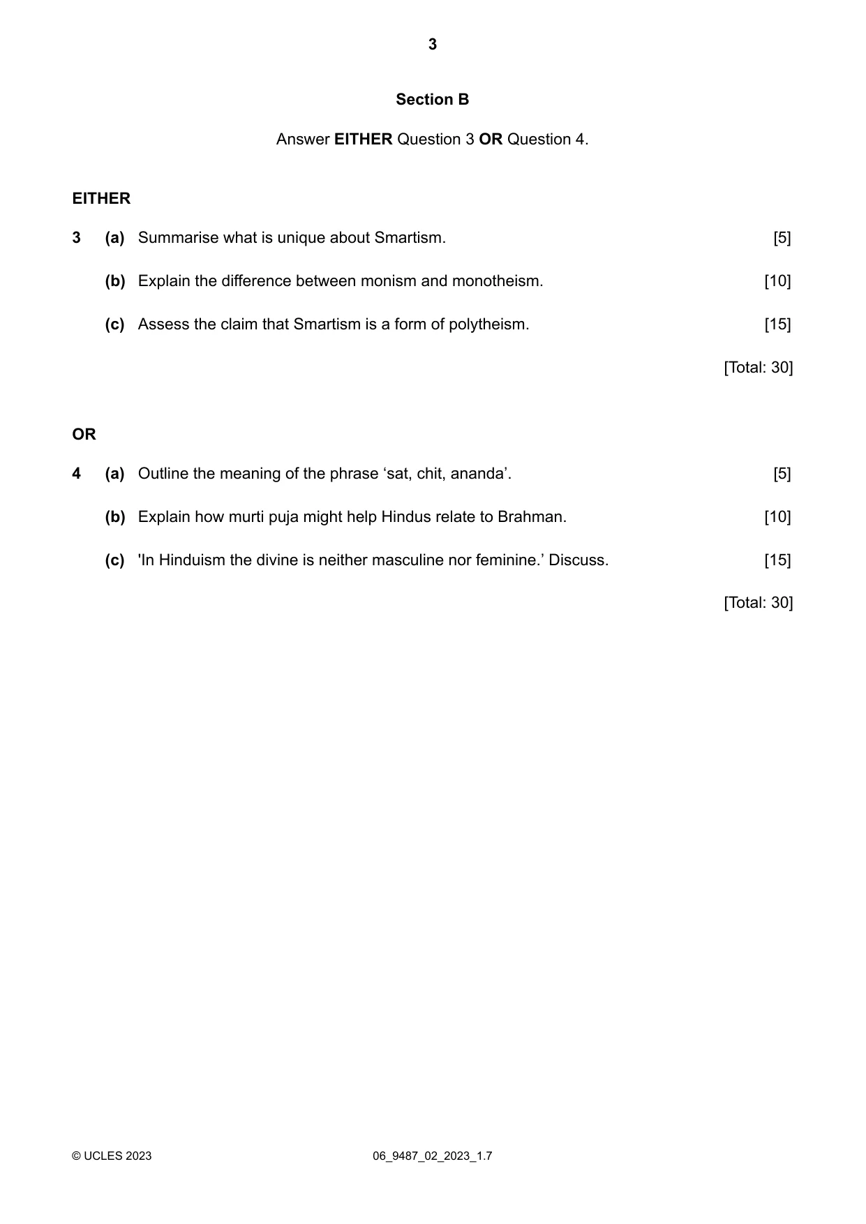Cambridge A Level Hinduism 9487 2023 May/June Paper 2 · Variant 0 question paper, page 3 of 4