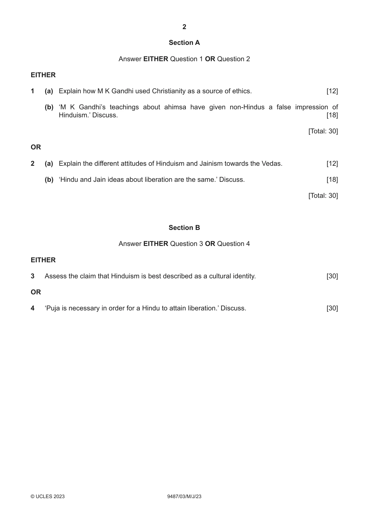 Cambridge A Level Hinduism 9487 2023 May/June Paper 3 · Variant 0 question paper, page 2 of 4