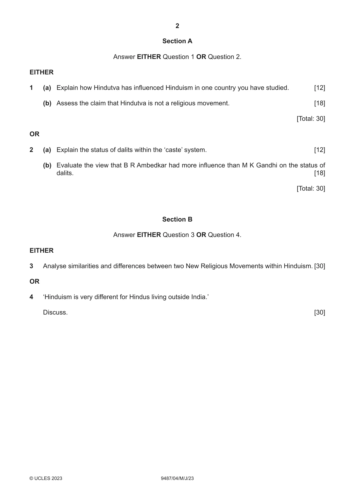 Cambridge A Level Hinduism 9487 2023 May/June Paper 4 · Variant 0 question paper, page 2 of 4