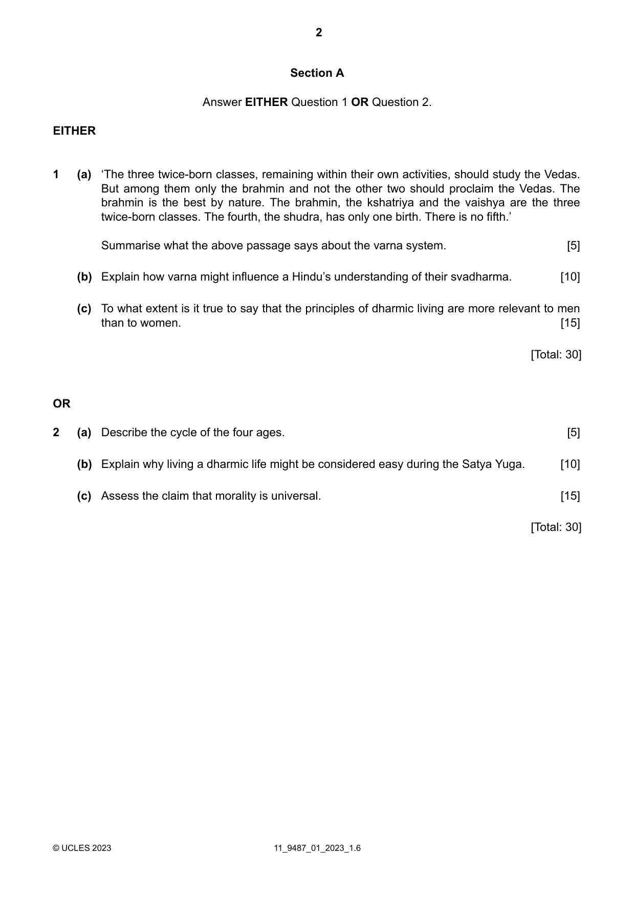 Cambridge A Level Hinduism 9487 2023 Oct/Nov Paper 1 · Variant 0 question paper, page 2 of 4