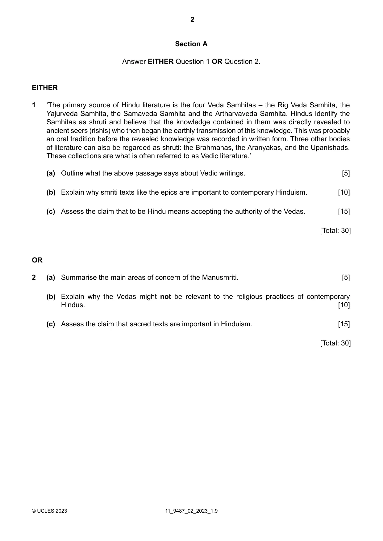 Cambridge A Level Hinduism 9487 2023 Oct/Nov Paper 2 · Variant 0 question paper, page 2 of 4