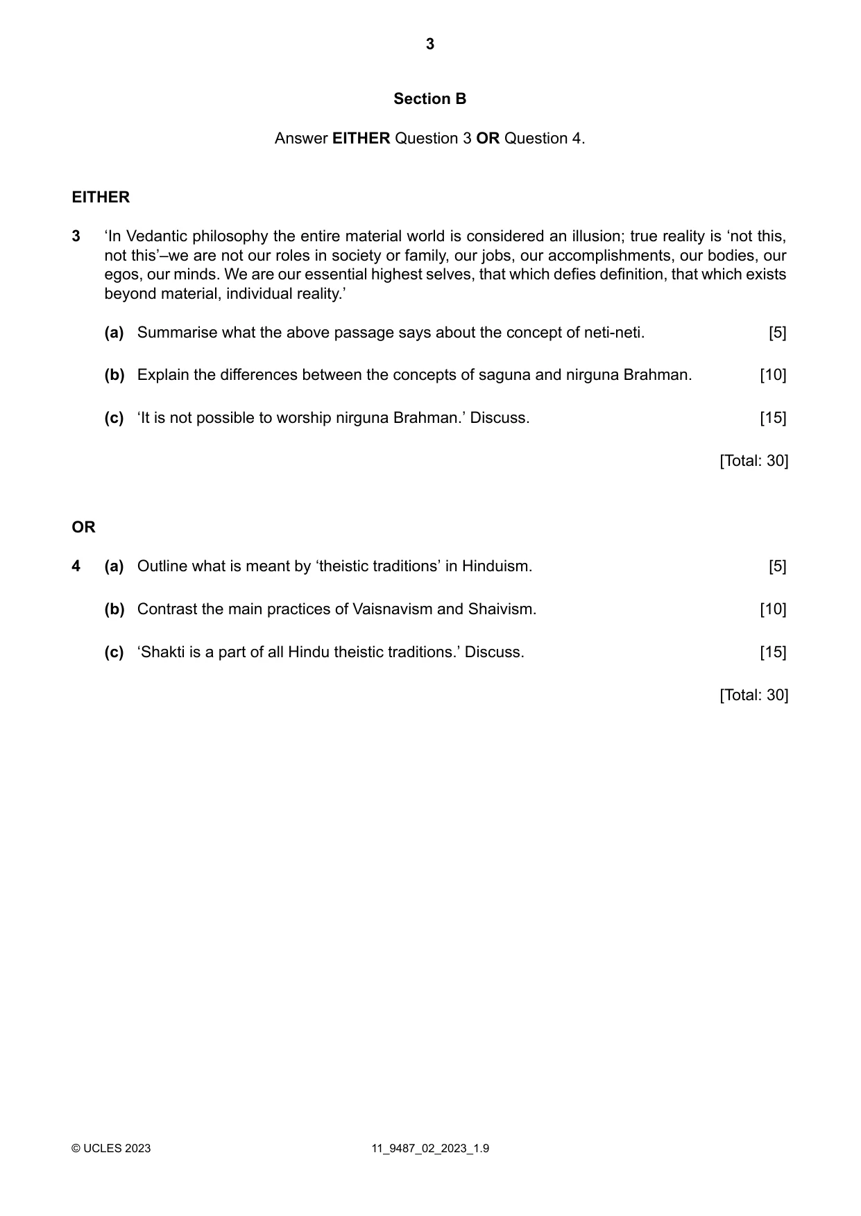 Cambridge A Level Hinduism 9487 2023 Oct/Nov Paper 2 · Variant 0 question paper, page 3 of 4
