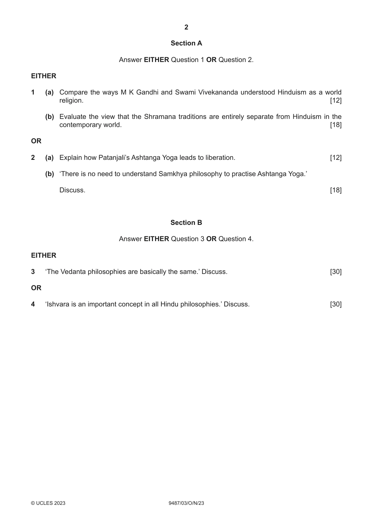 Cambridge A Level Hinduism 9487 2023 Oct/Nov Paper 3 · Variant 0 question paper, page 2 of 4