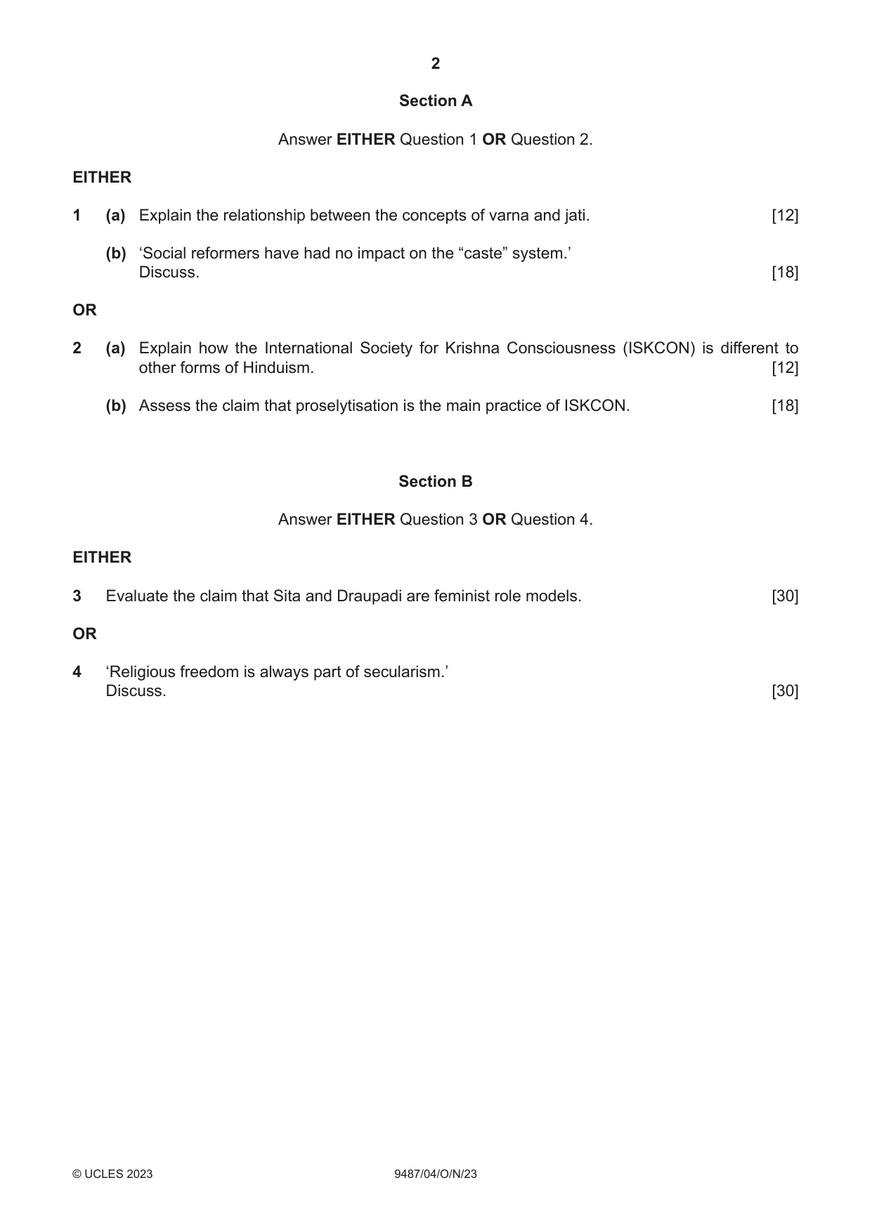 Cambridge A Level Hinduism 9487 2023 Oct/Nov Paper 4 · Variant 0 question paper, page 2 of 4