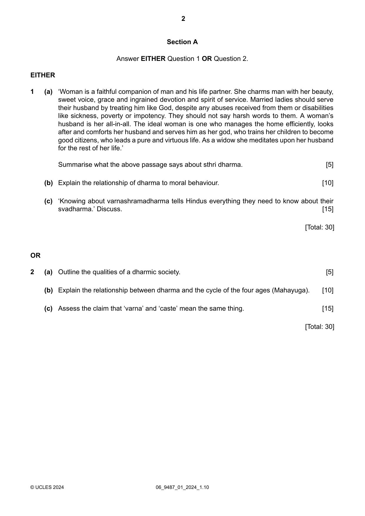Cambridge A Level Hinduism 9487 2024 May/June Paper 1 · Variant 0 question paper, page 2 of 4