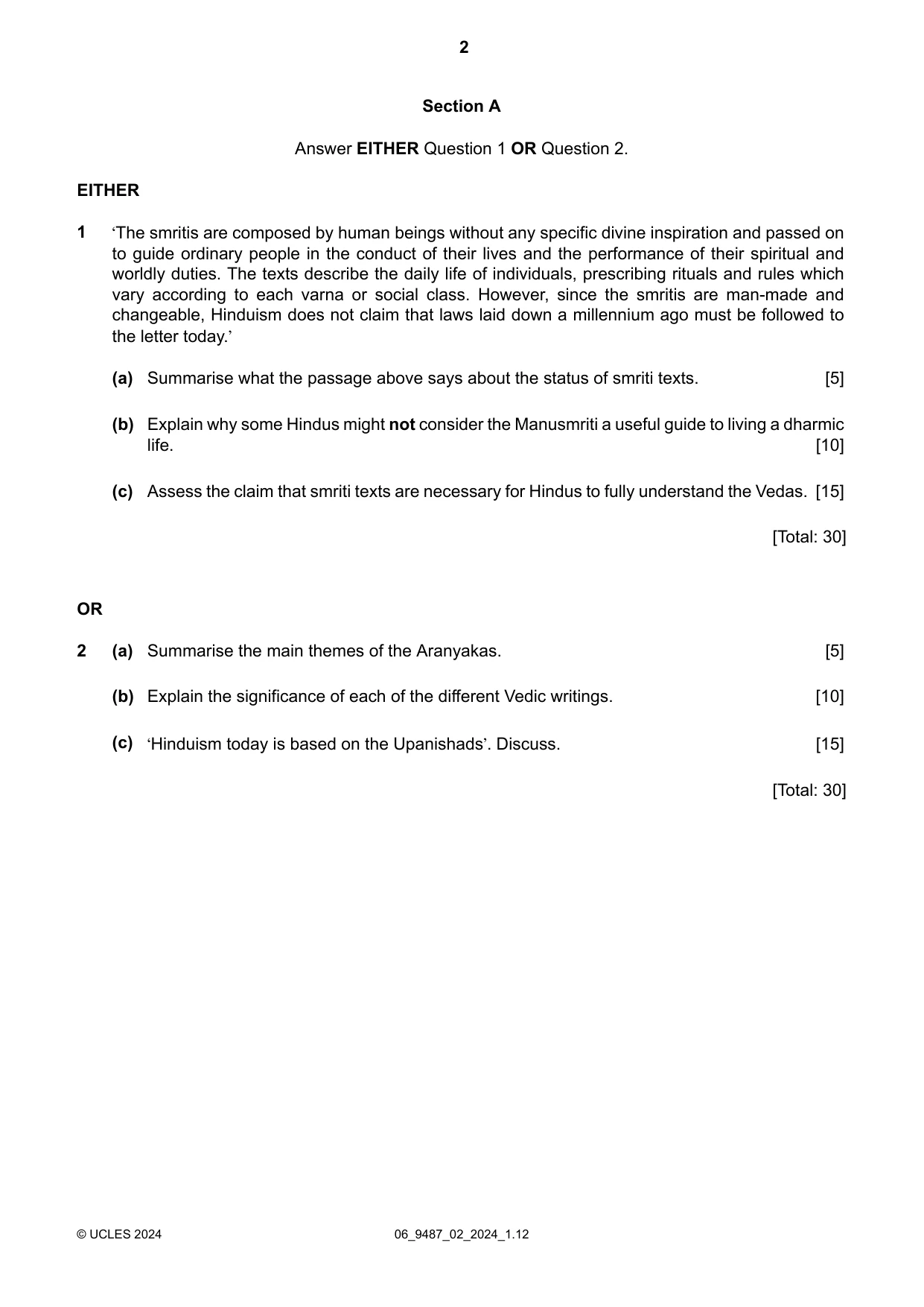 Cambridge A Level Hinduism 9487 2024 May/June Paper 2 · Variant 0 question paper, page 2 of 4