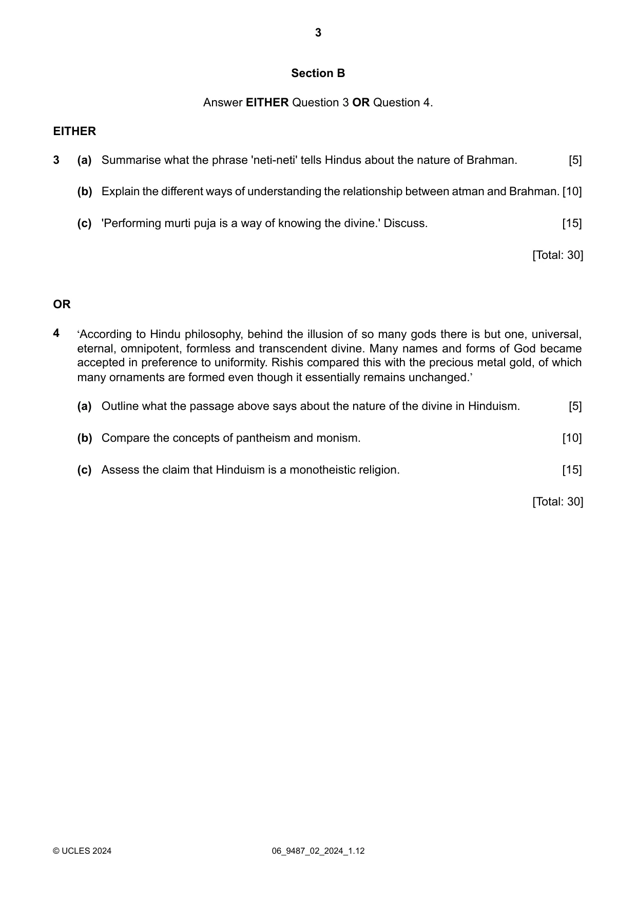 Cambridge A Level Hinduism 9487 2024 May/June Paper 2 · Variant 0 question paper, page 3 of 4