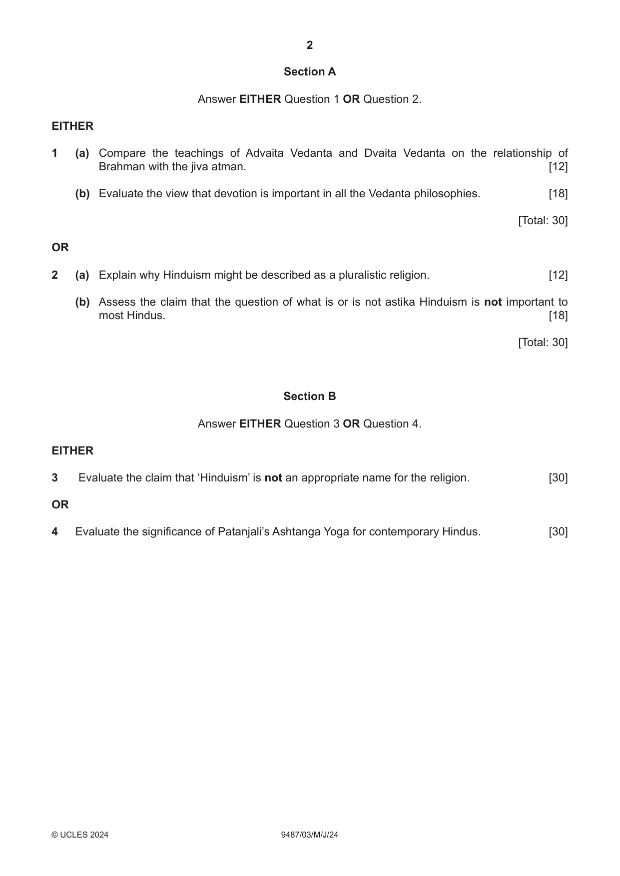 Cambridge A Level Hinduism 9487 2024 May/June Paper 3 · Variant 0 question paper, page 2 of 4
