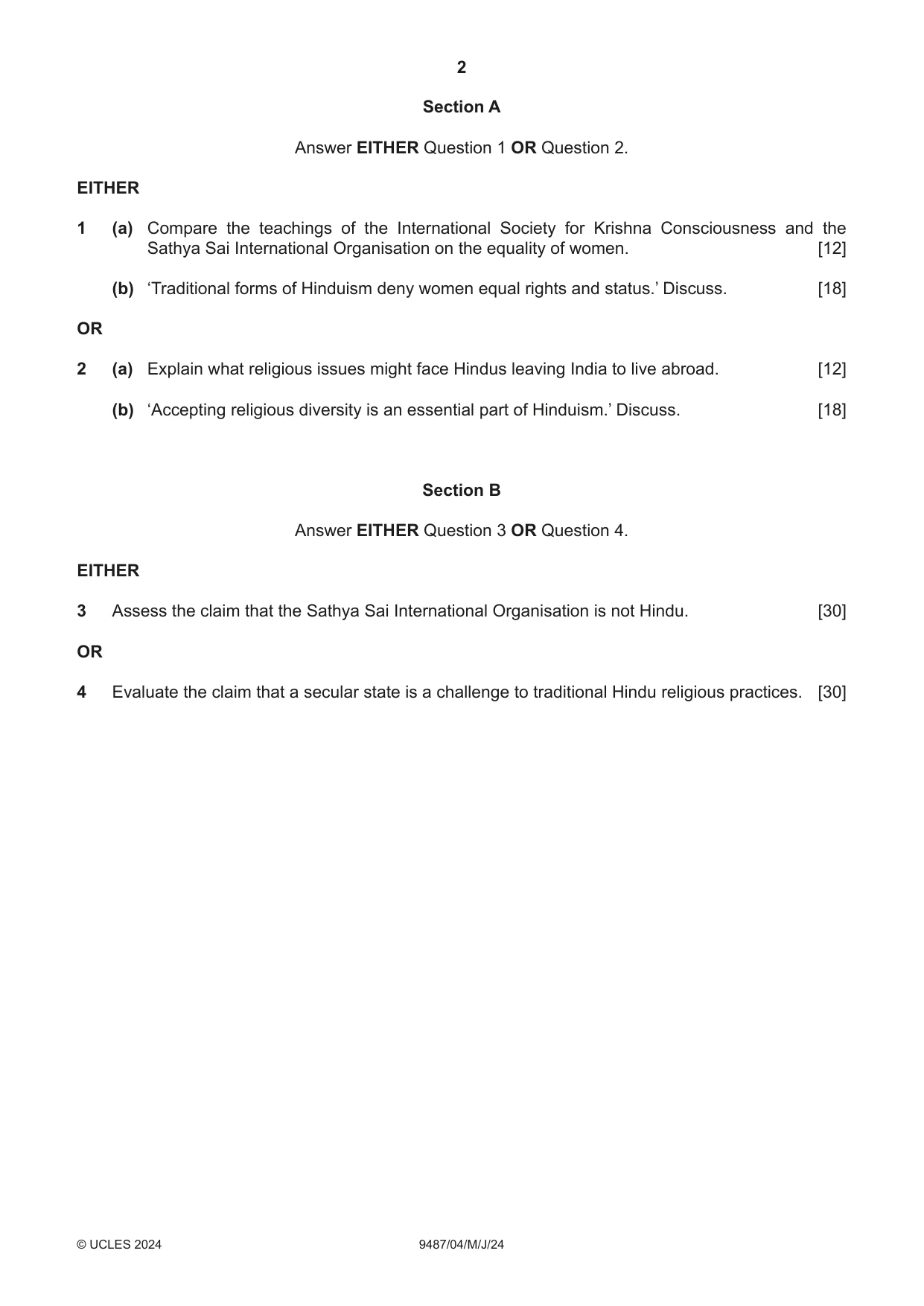Cambridge A Level Hinduism 9487 2024 May/June Paper 4 · Variant 0 question paper, page 2 of 4