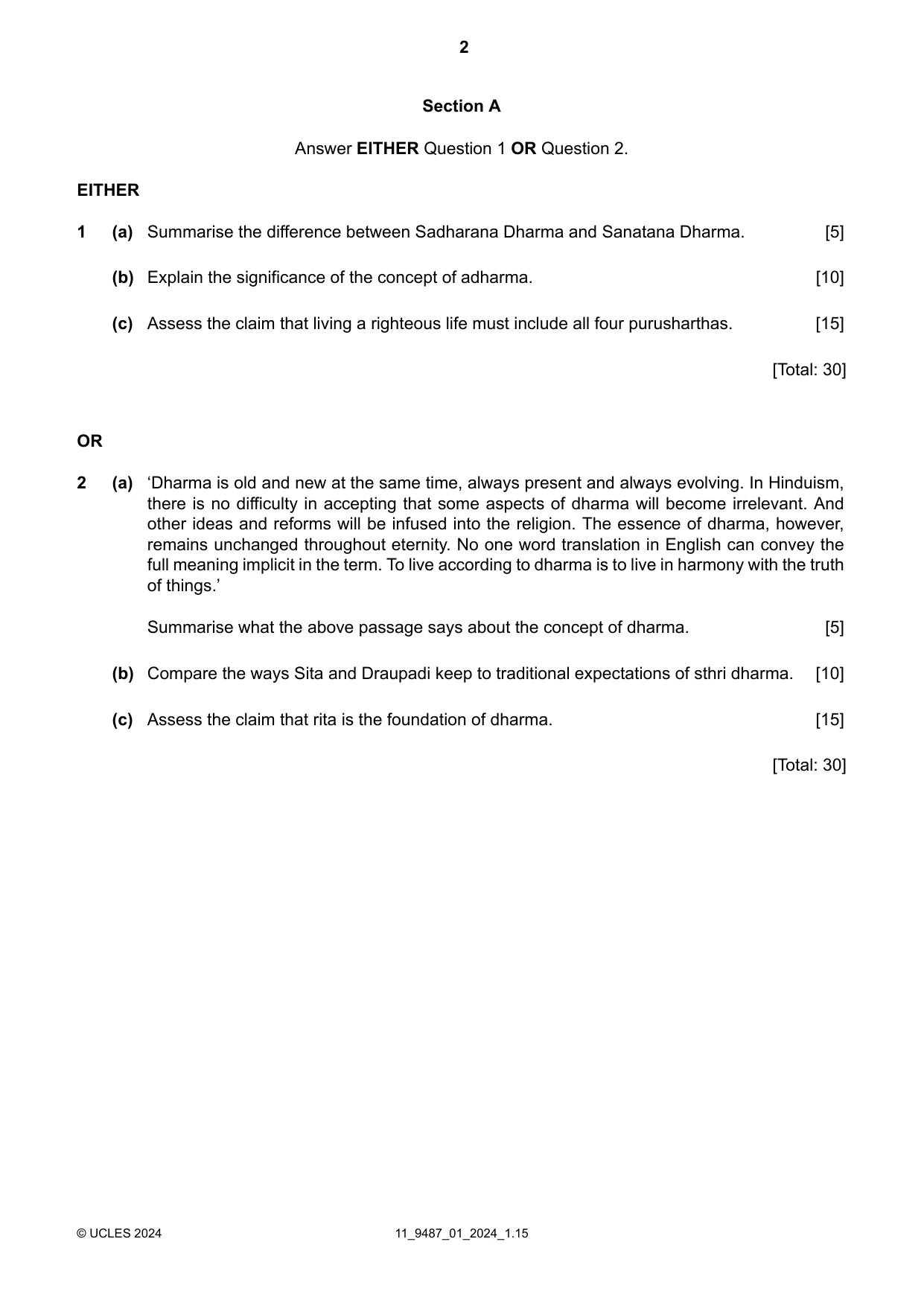 Cambridge A Level Hinduism 9487 2024 Oct/Nov Paper 1 · Variant 0 question paper, page 2 of 4
