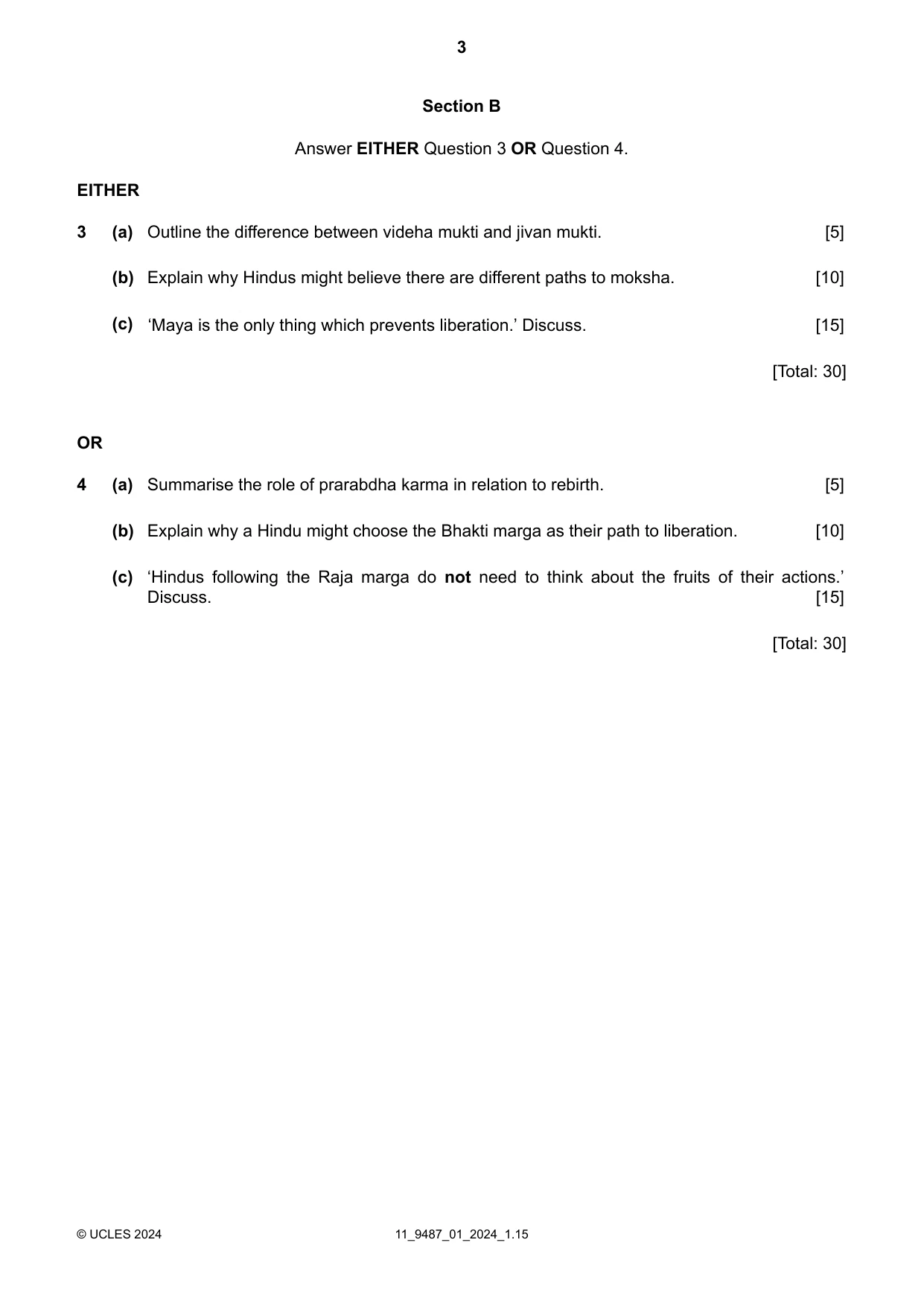 Cambridge A Level Hinduism 9487 2024 Oct/Nov Paper 1 · Variant 0 question paper, page 3 of 4