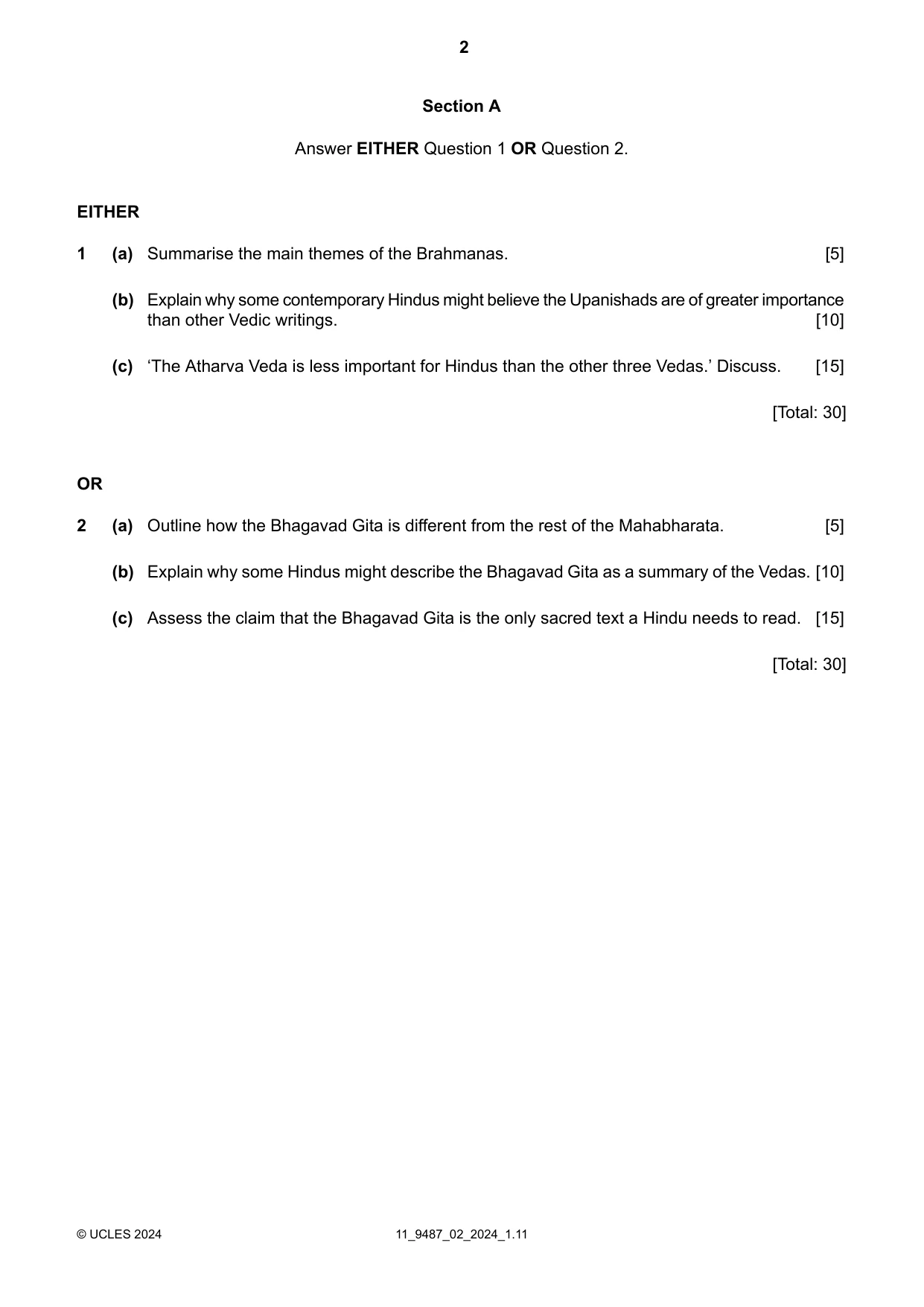 Cambridge A Level Hinduism 9487 2024 Oct/Nov Paper 2 · Variant 0 question paper, page 2 of 4