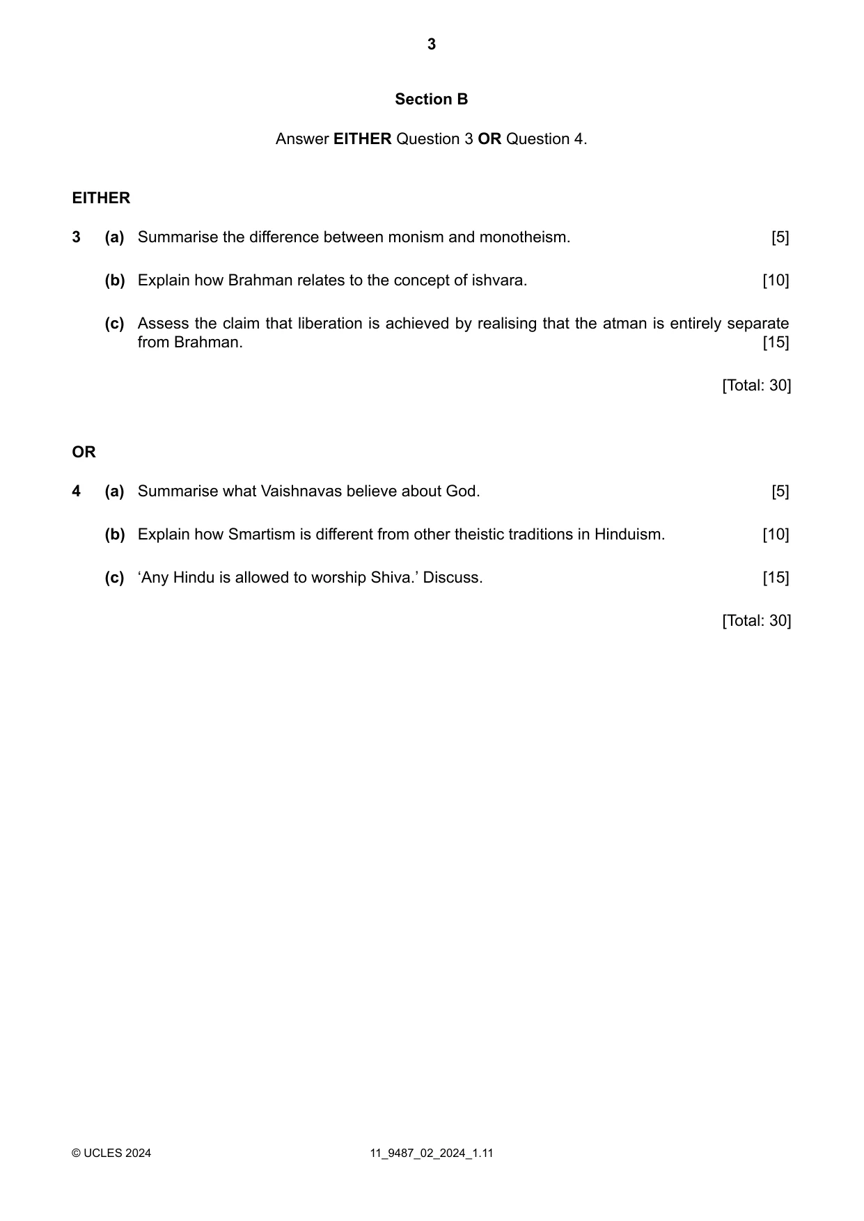 Cambridge A Level Hinduism 9487 2024 Oct/Nov Paper 2 · Variant 0 question paper, page 3 of 4