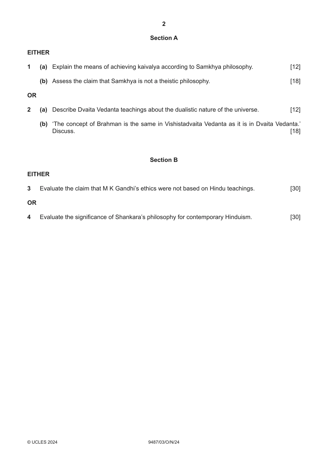 Cambridge A Level Hinduism 9487 2024 Oct/Nov Paper 3 · Variant 0 question paper, page 2 of 4