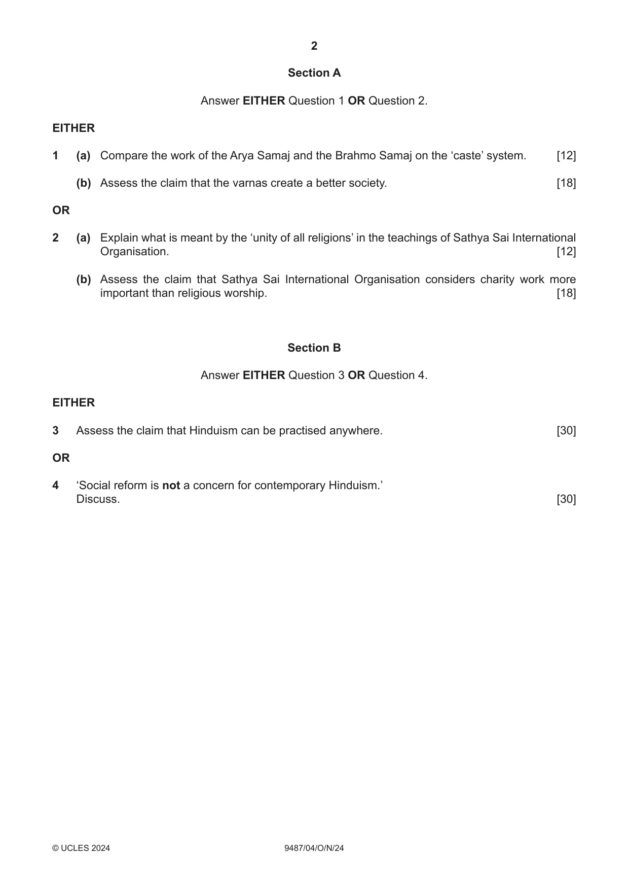 Cambridge A Level Hinduism 9487 2024 Oct/Nov Paper 4 · Variant 0 question paper, page 2 of 4