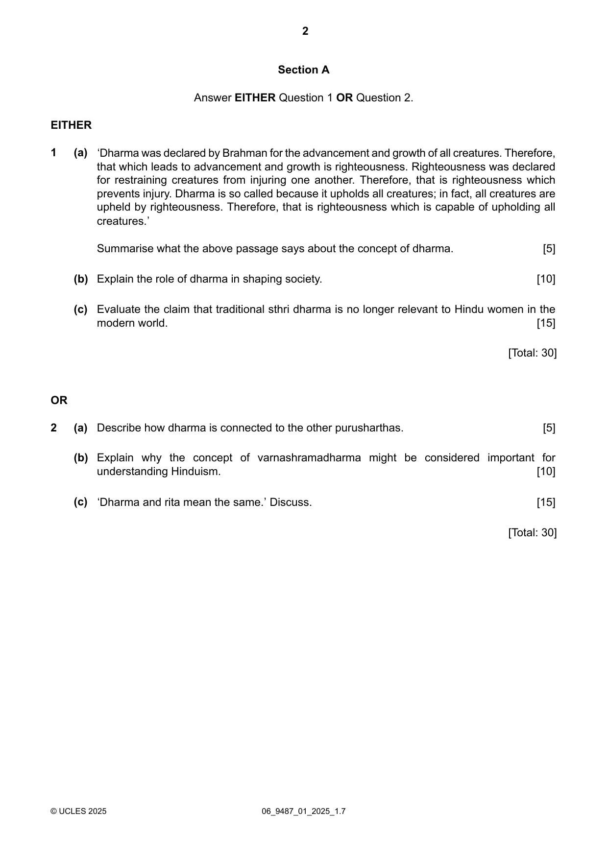 Cambridge A Level Hinduism 9487 2025 May/June Paper 1 · Variant 0 question paper, page 2 of 4