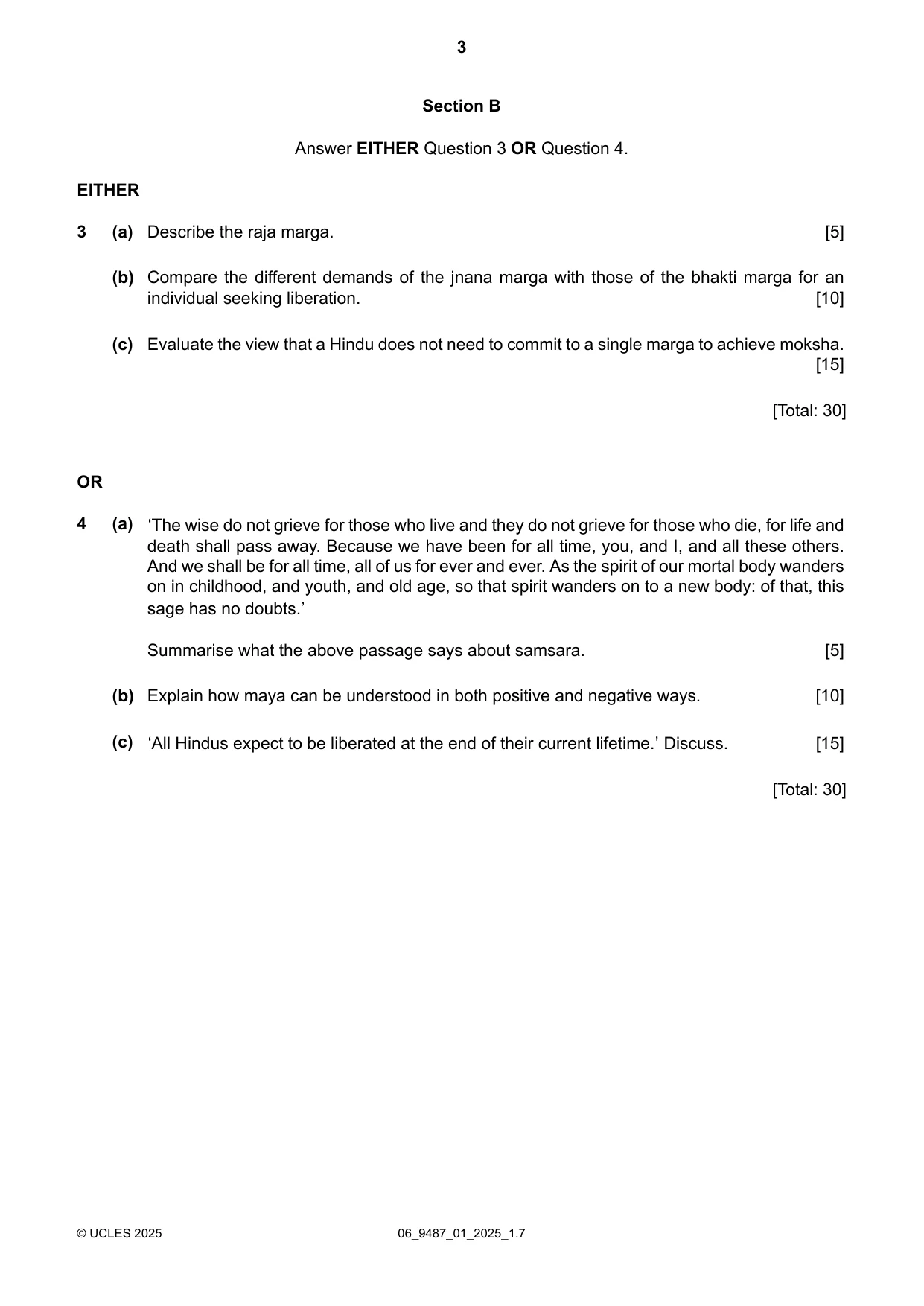 Cambridge A Level Hinduism 9487 2025 May/June Paper 1 · Variant 0 question paper, page 3 of 4