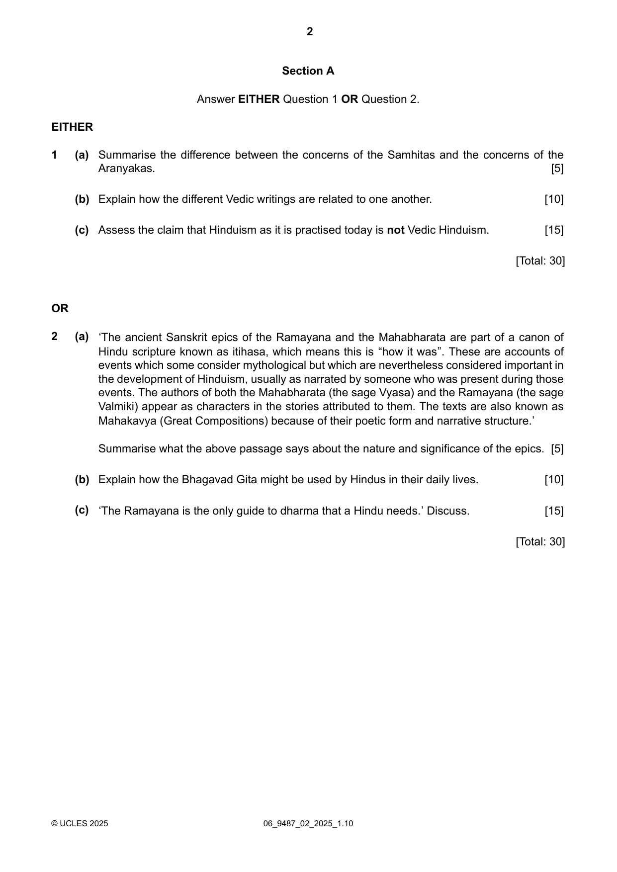 Cambridge A Level Hinduism 9487 2025 May/June Paper 2 · Variant 0 question paper, page 2 of 4