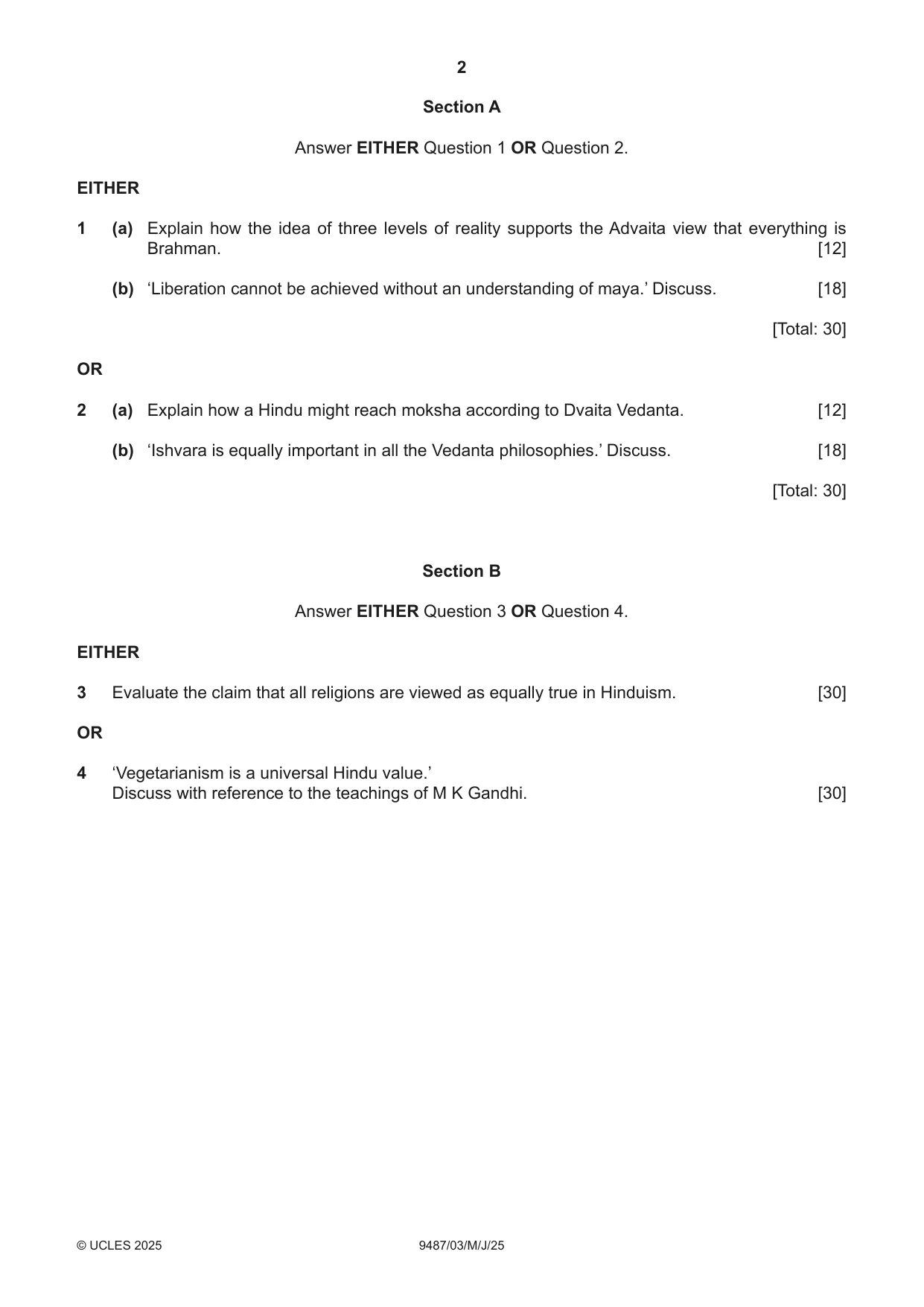 Cambridge A Level Hinduism 9487 2025 May/June Paper 3 · Variant 0 question paper, page 2 of 4