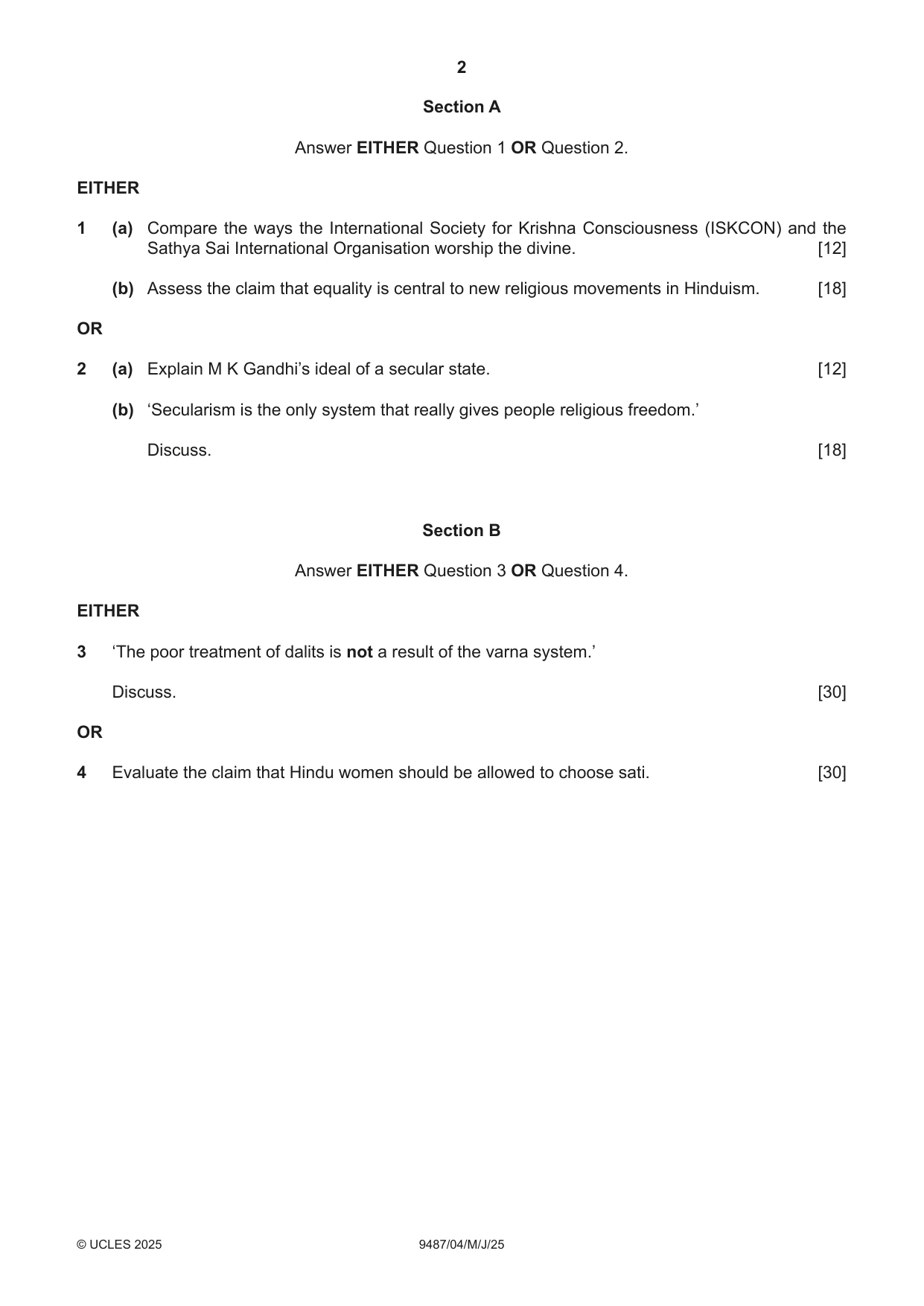 Cambridge A Level Hinduism 9487 2025 May/June Paper 4 · Variant 0 question paper, page 2 of 4