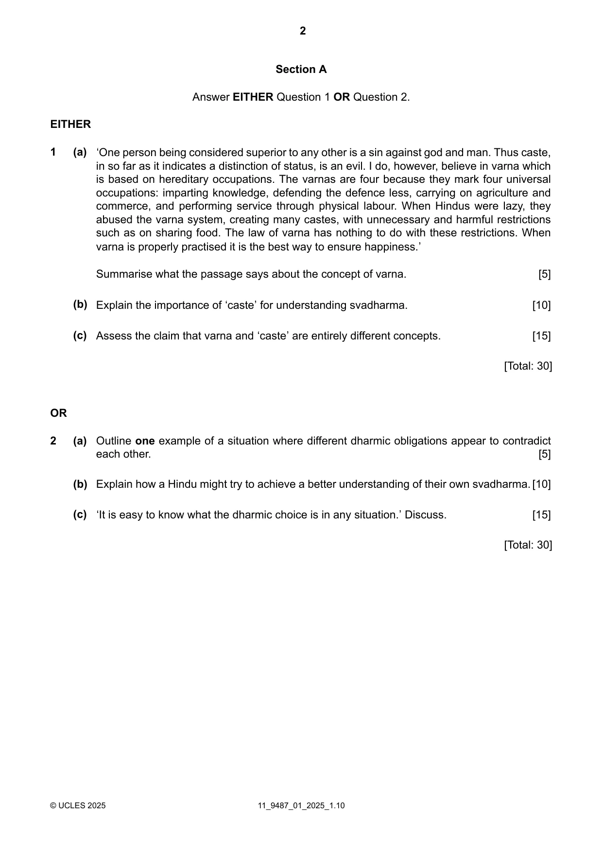 Cambridge A Level Hinduism 9487 2025 Oct/Nov Paper 1 · Variant 0 question paper, page 2 of 4