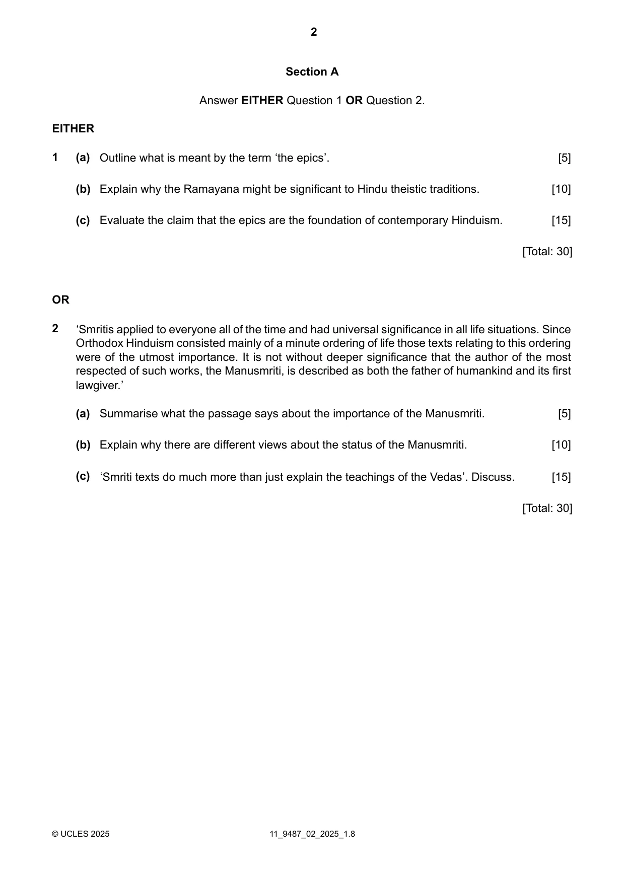 Cambridge A Level Hinduism 9487 2025 Oct/Nov Paper 2 · Variant 0 question paper, page 2 of 4