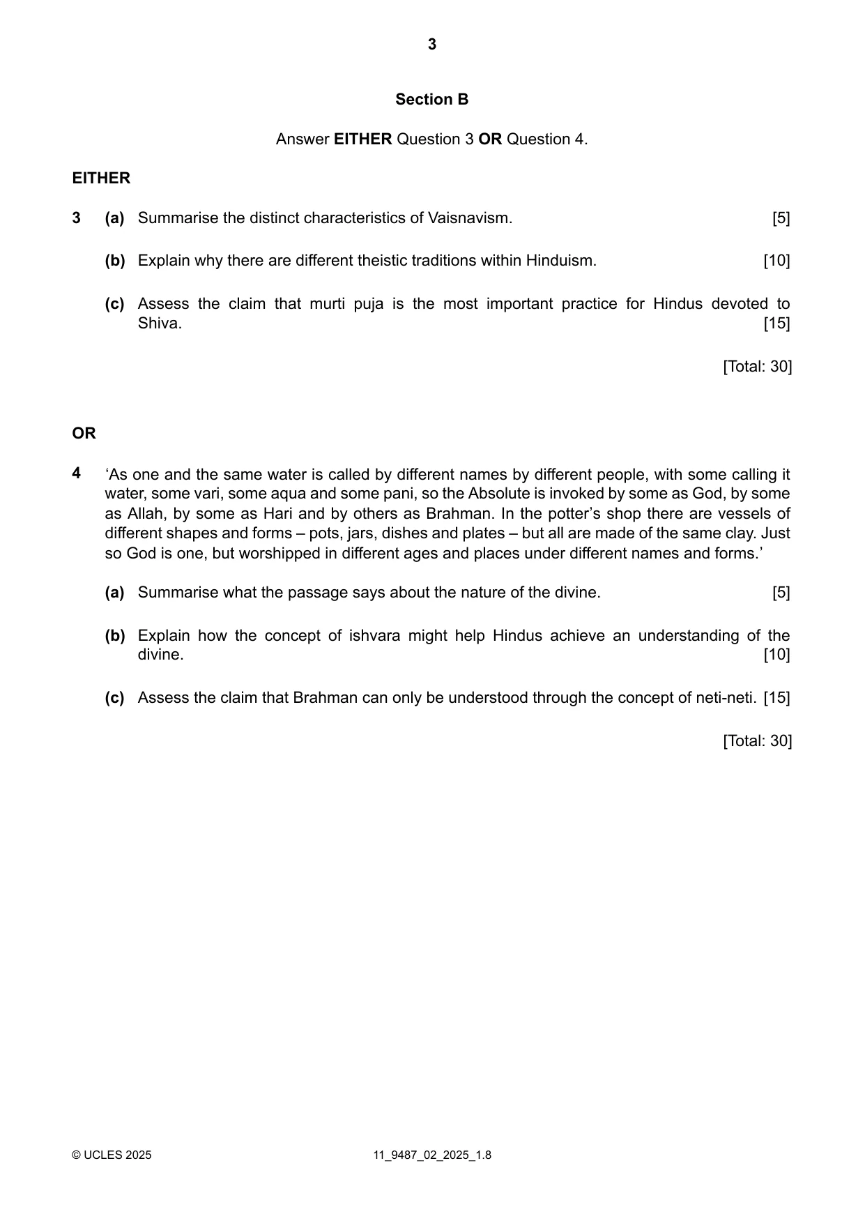 Cambridge A Level Hinduism 9487 2025 Oct/Nov Paper 2 · Variant 0 question paper, page 3 of 4