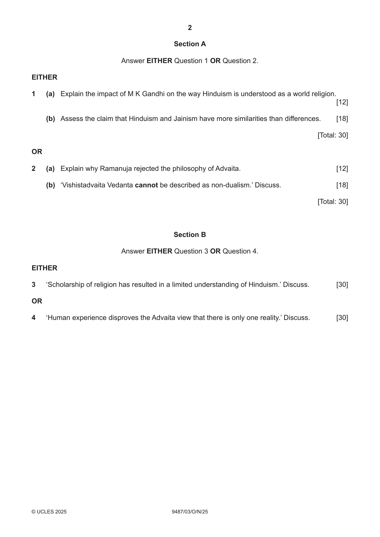 Cambridge A Level Hinduism 9487 2025 Oct/Nov Paper 3 · Variant 0 question paper, page 2 of 4