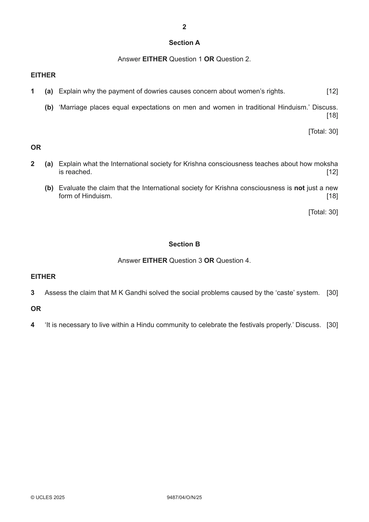 Cambridge A Level Hinduism 9487 2025 Oct/Nov Paper 4 · Variant 0 question paper, page 2 of 4