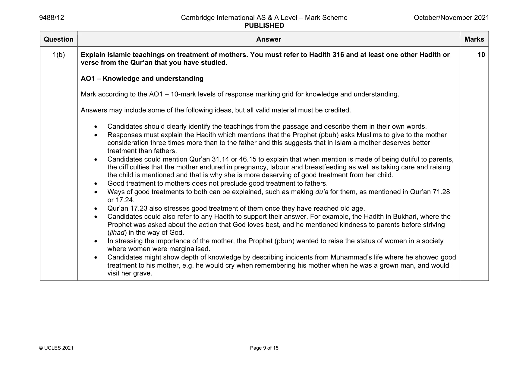 Mark scheme, page 9 of 15