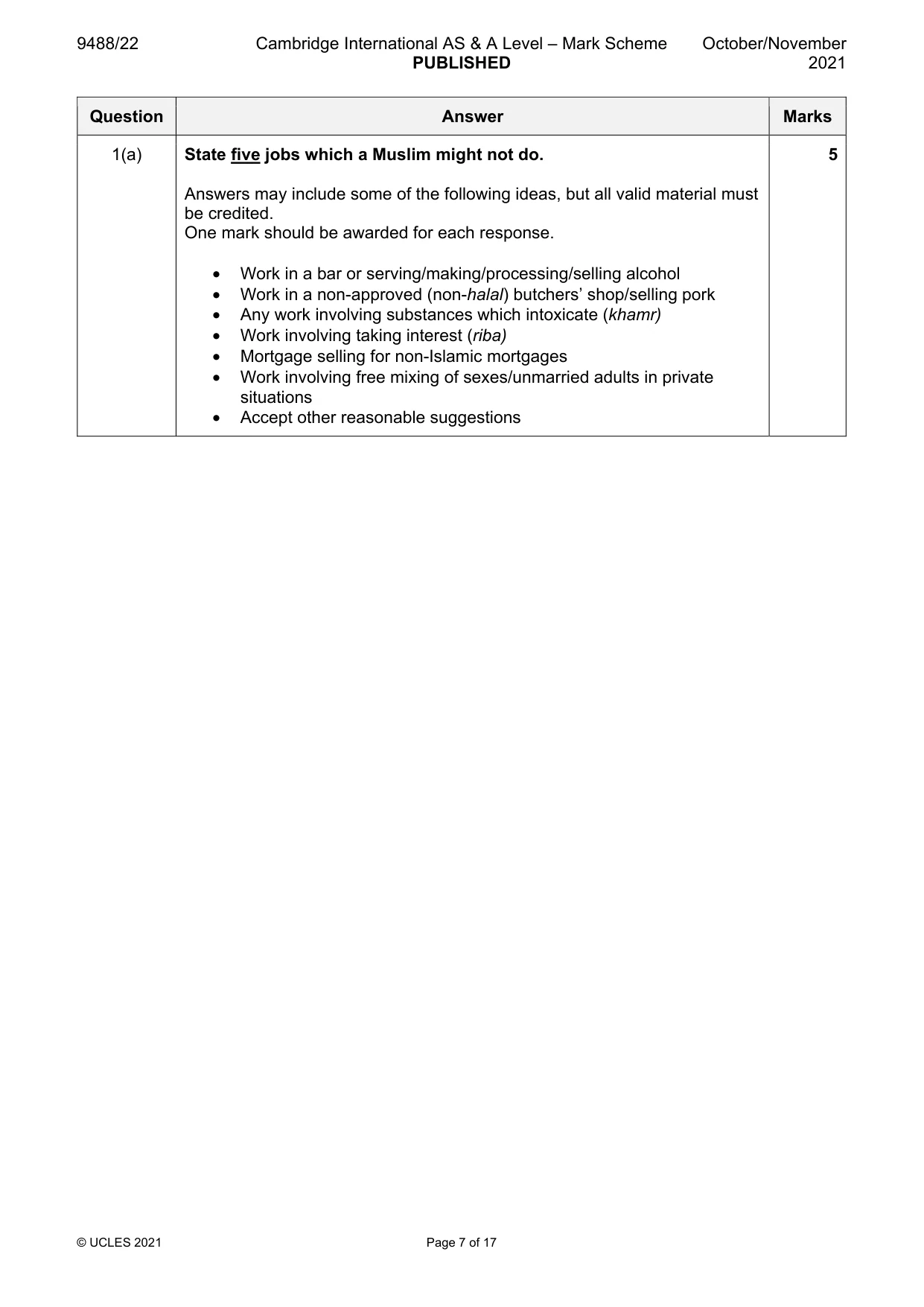 Mark scheme, page 7 of 17