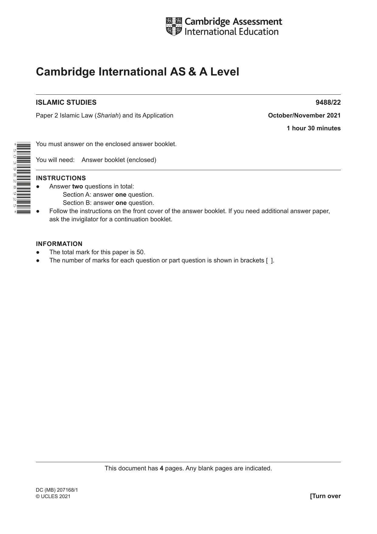 Cambridge A Level Islamic Studies 9488 2021 Oct/Nov Paper 2 · Variant 2 question paper, page 1 of 4