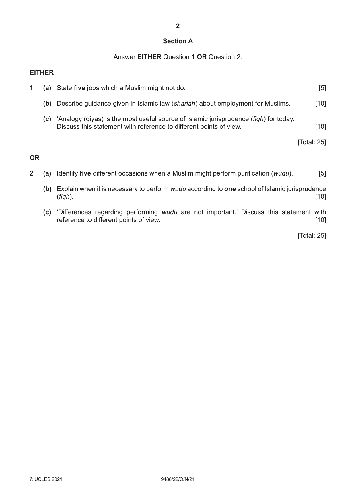 Cambridge A Level Islamic Studies 9488 2021 Oct/Nov Paper 2 · Variant 2 question paper, page 2 of 4